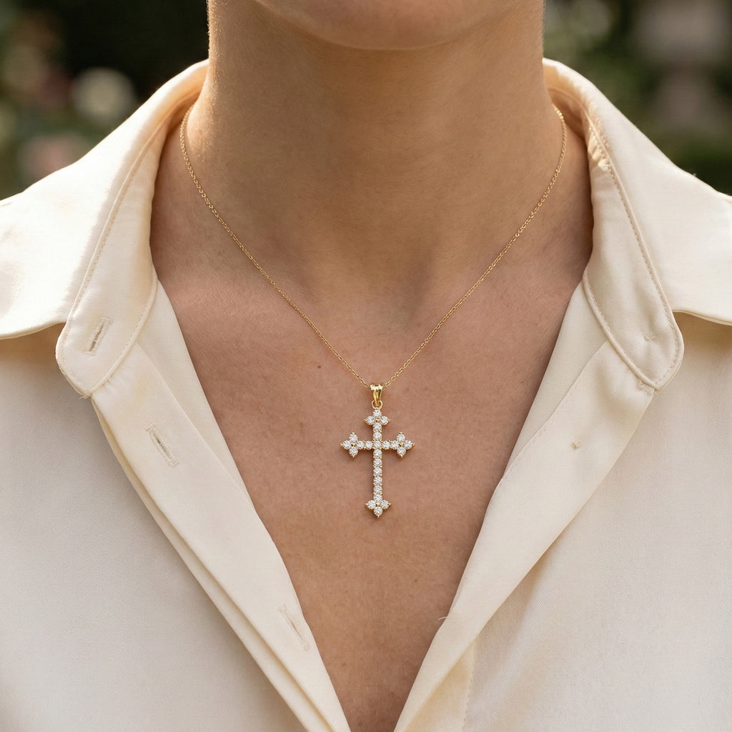 Fleur-de-Lis Tip Pavé Cross Religious Pendant in Lab Diamond 14k Solid Gold, Religious Jewelry, Wedding Gift for Her/Him