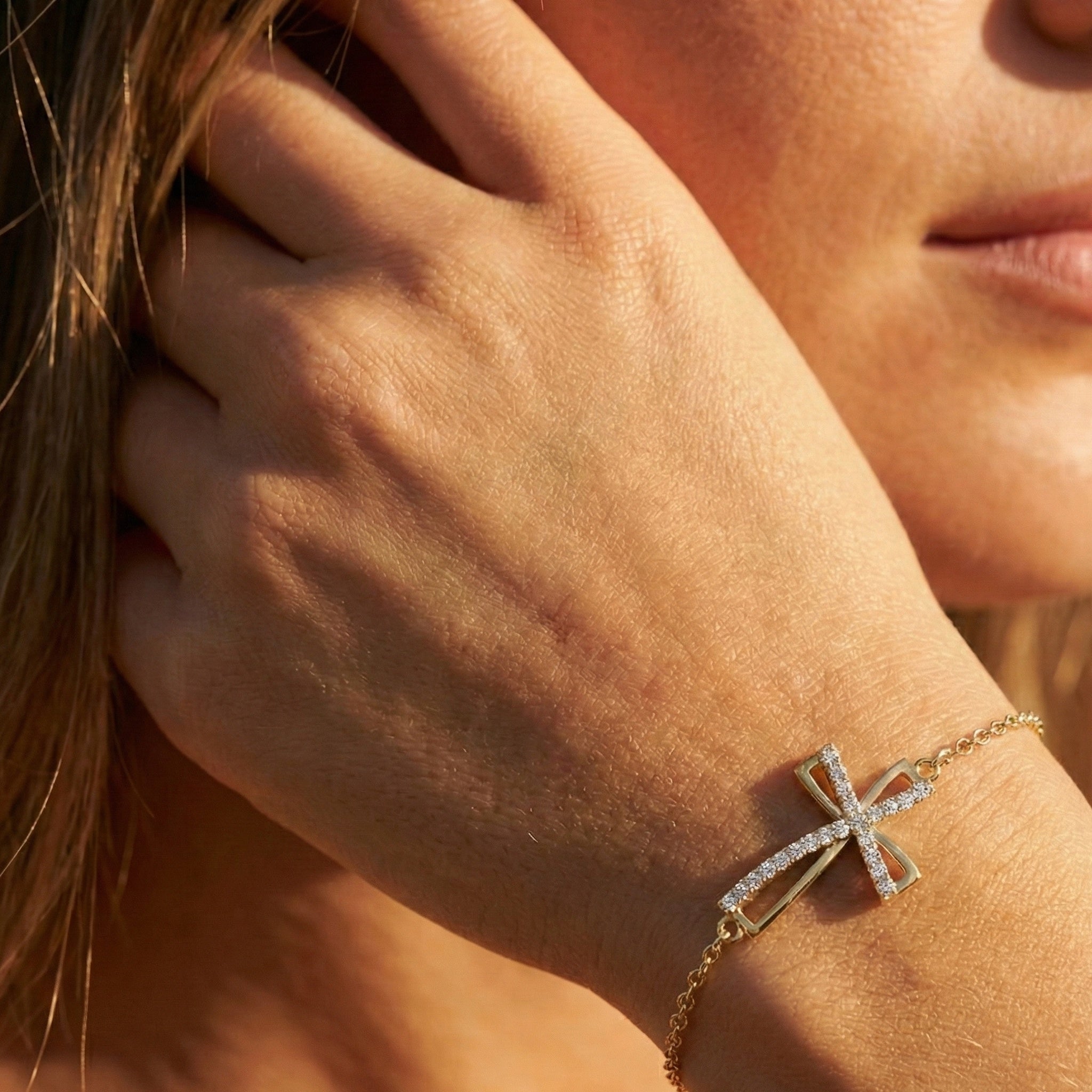 Asymmetrical Cross Charm Bracelet in 14K Solid Gold, 0.22 TCW Round Cut Lab Created Diamonds, Religious Jewelry, Birthday Gift for Her