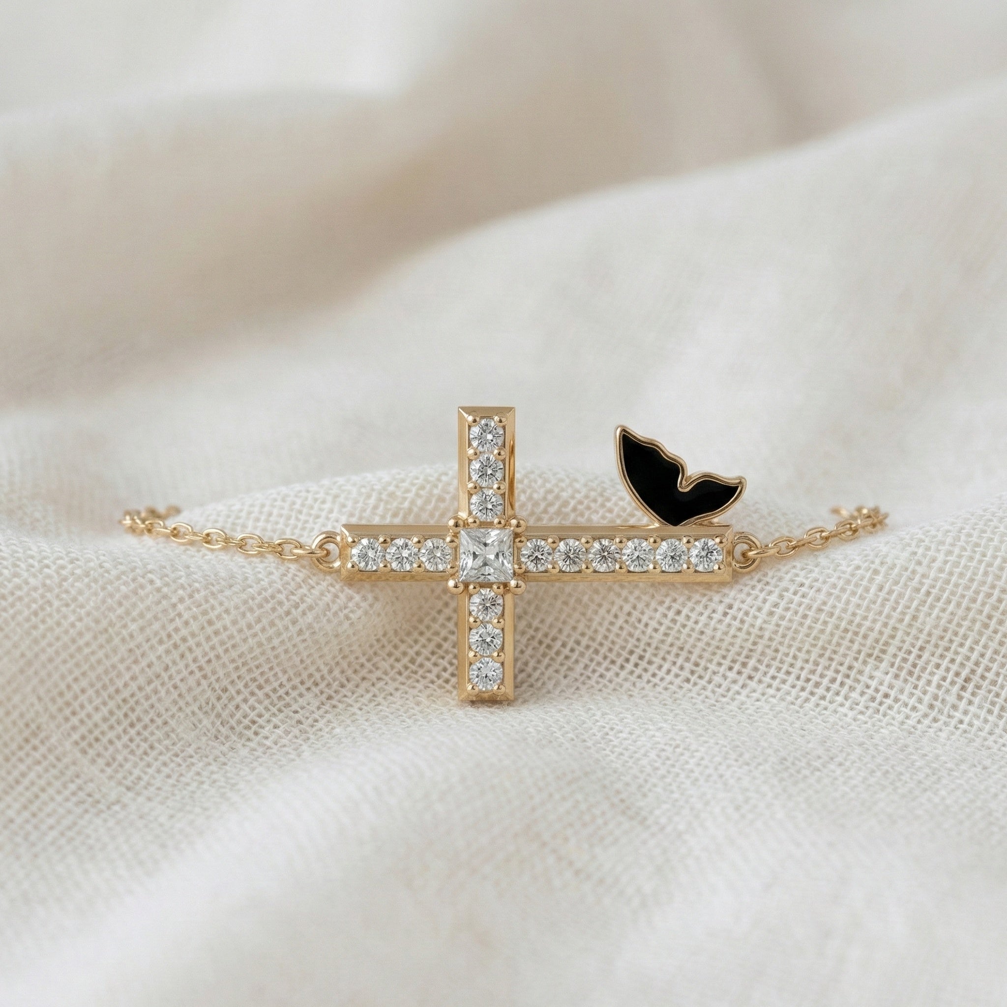 Butterfly Cross Station Bracelet in 14K Solid Gold, 0.18 CT Princess Cut Lab Created Diamond, Dainty Bracelet, Gift for Her