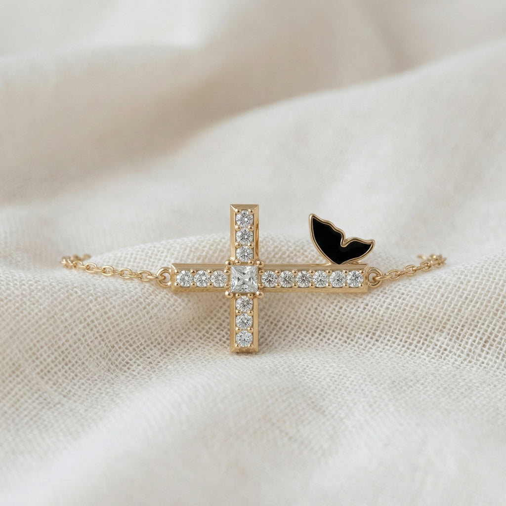 Butterfly Cross Station Bracelet in 14K Solid Gold, 0.18 CT Princess Cut Lab Created Diamond, Dainty Bracelet, Gift for Her