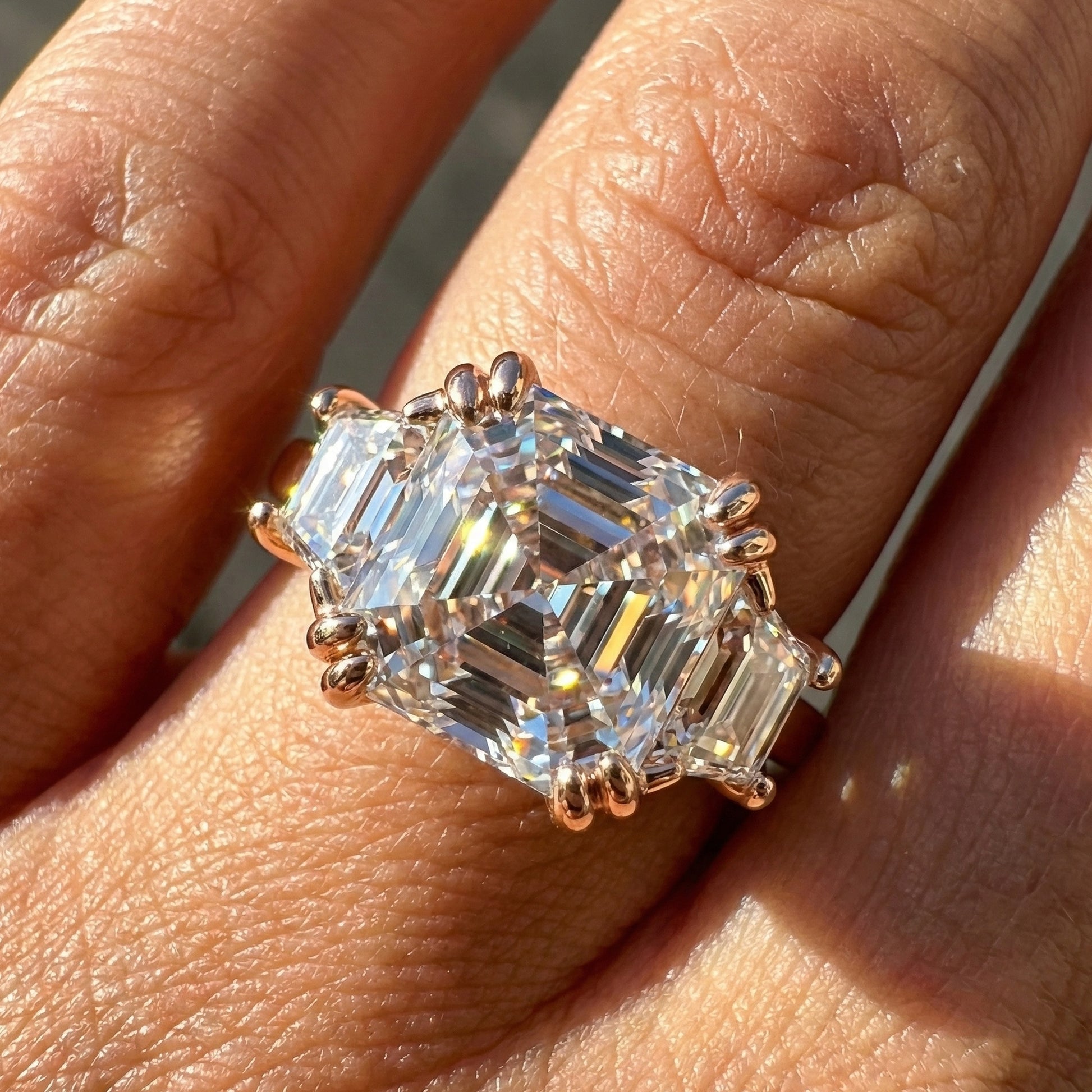 Asscher Cut Three Stone Engagement Ring with Tapered Side Stones in Moissanite or Lab Grown Diamond – Solid 14k/18k Gold or Silver Engagement Gift, Handmade Jewelry