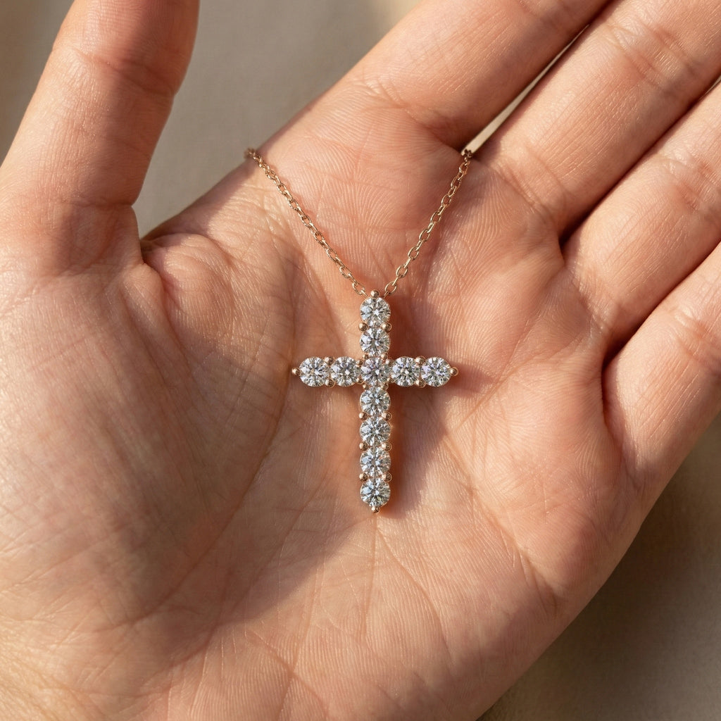 Round Cut Prong-Set Tennis Cross Pendant in 14k White Gold, 1.75 TCW Round Cut Lab Created Diamonds, Birthday Gift for Women/Men