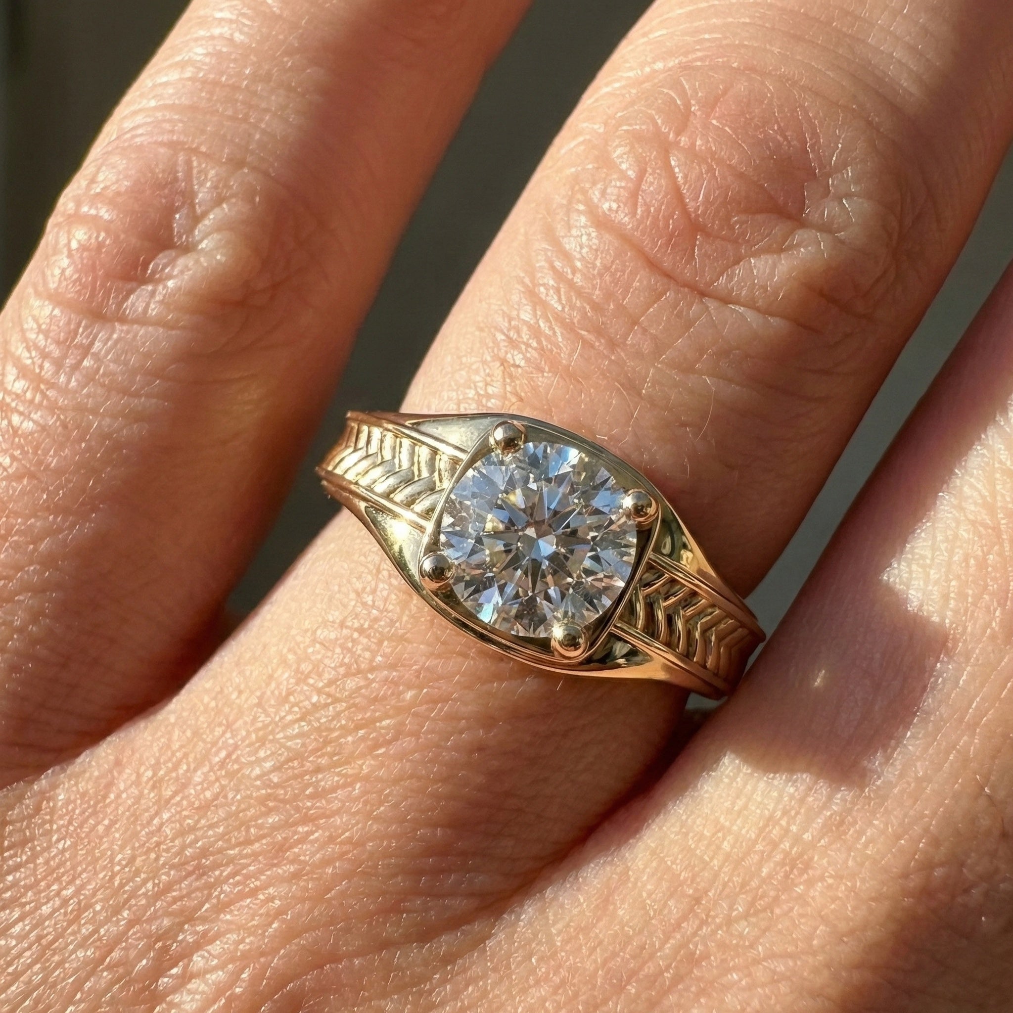 Vintage Scroll Solitaire Ring with Leaf Band Engagement Ring in 14k Solid Gold, 0.50 CT Round Cut Lab Grown Diamond, Handmade Bridal Jewelry