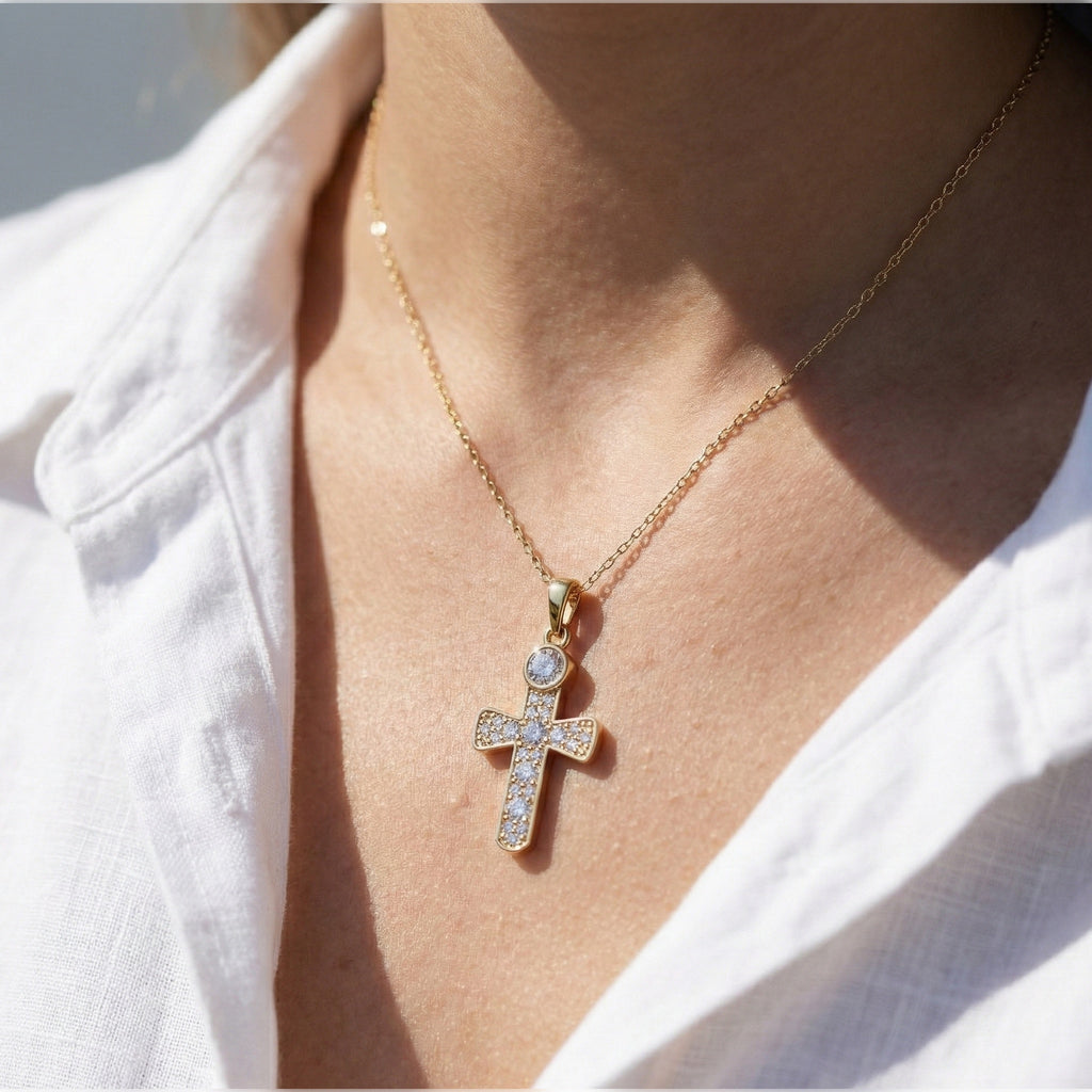 Minimalist Pavé Cross Pendant in 14K Solid Gold, 0.66 TCW Round Cut Lab Created Diamonds, Religious Gift for Her, Bridal Charm