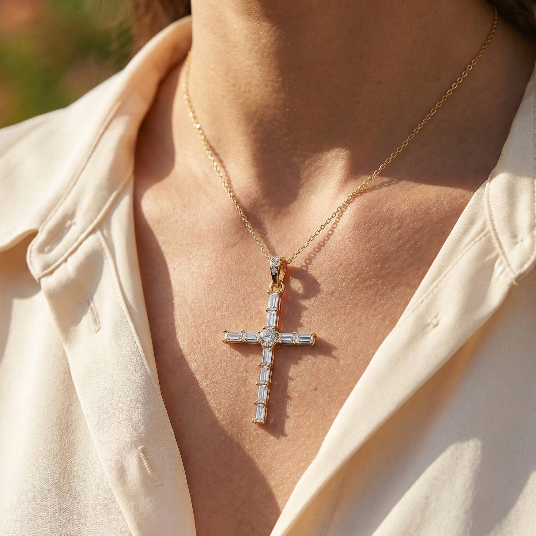 Modern Religious Cross Pendant in 14k Solid Gold, 1.65 TCW Baguette/Round Cut Lab Grown Diamond, Bridal Jewelry, Wedding Gift for Her