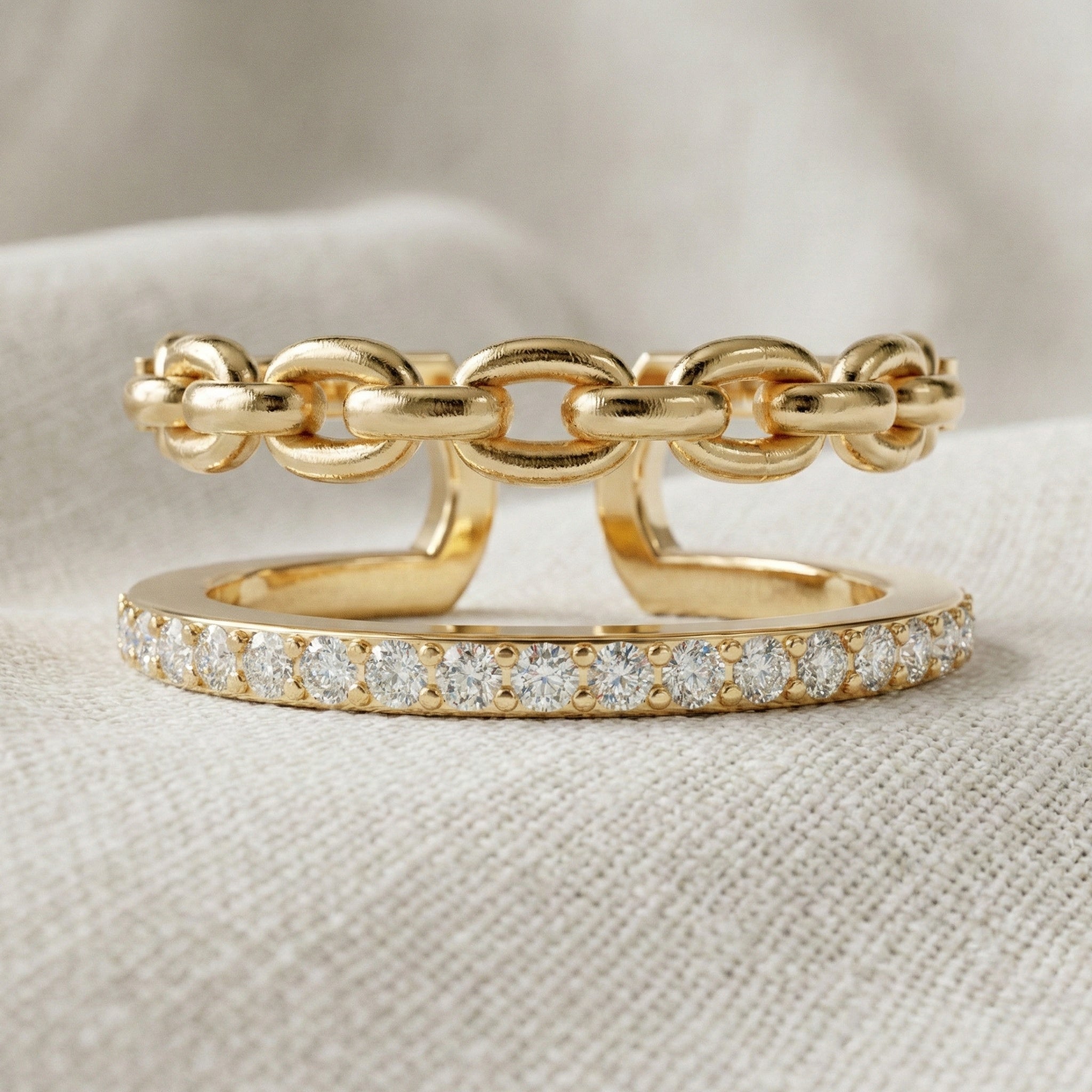 Unique Contemporary Chain Link Pavé Wedding Band in Lab Diamond-14k Solid Gold, Anniversary Gift For Women, Everyday Gift
