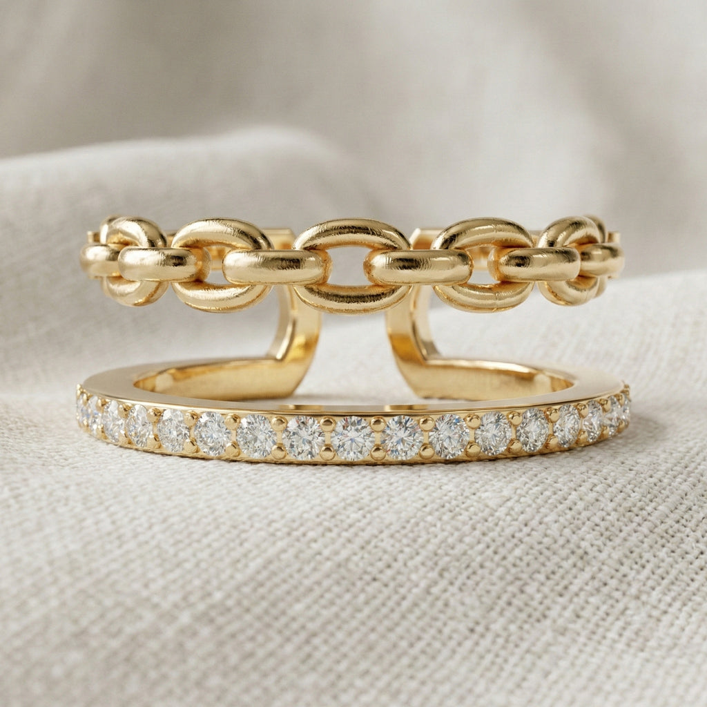 Unique Contemporary Chain Link Pavé Wedding Band in Lab Diamond-14k Solid Gold, Anniversary Gift For Women, Everyday Gift