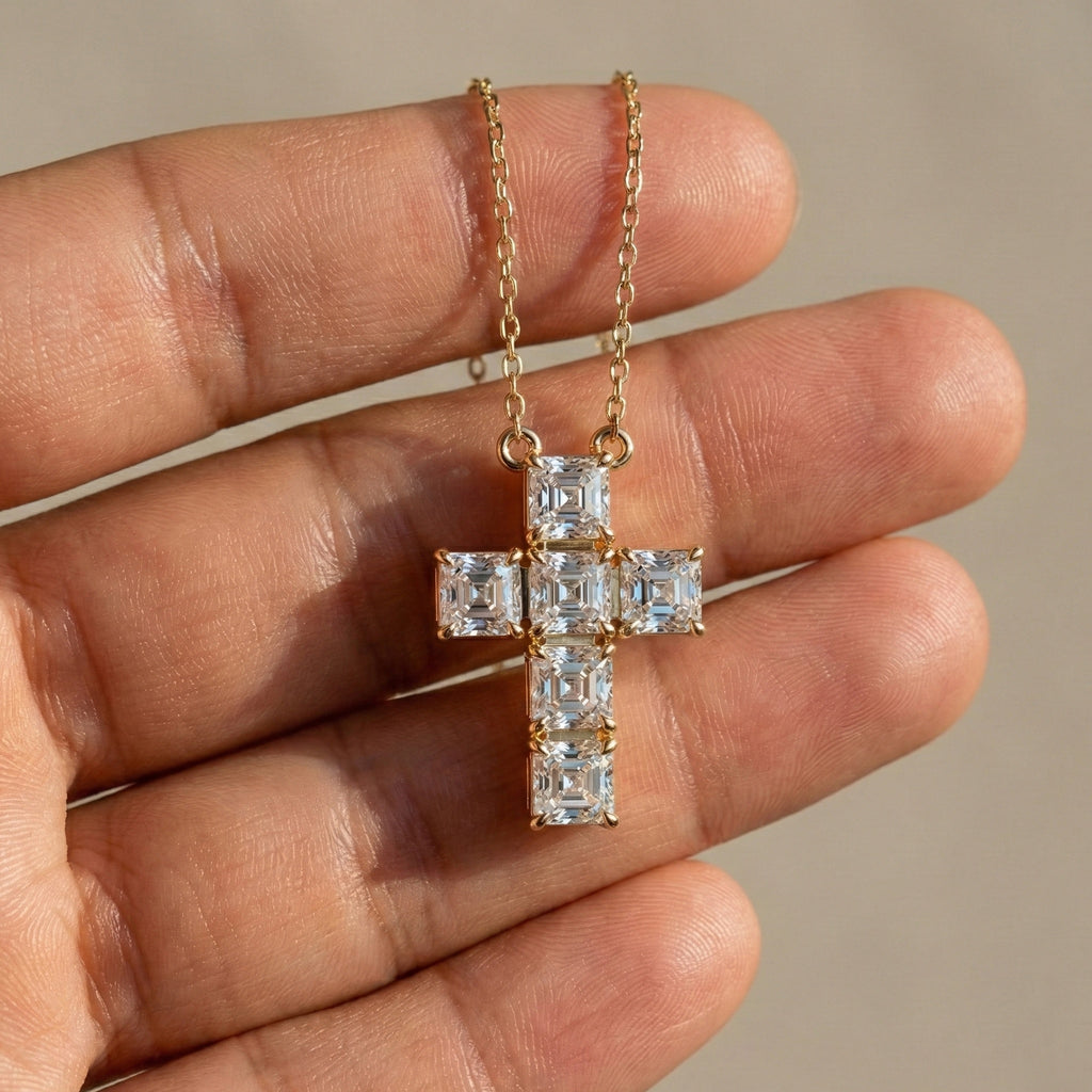 Elegant Square Style Cross Pendant in 14k Solid Gold, 4.50 TCW Asscher Cut Lab Grown Diamonds, Wedding Gift for Her, Religious Jewelry