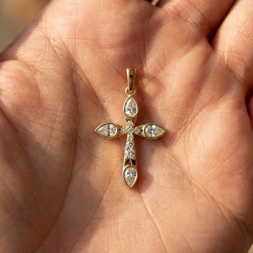 Modern Cluster Cross Pendant in 14k Solid Gold, 0.77 TCW Pear/Round Cut Lab Diamonds, Anniversary Gift,