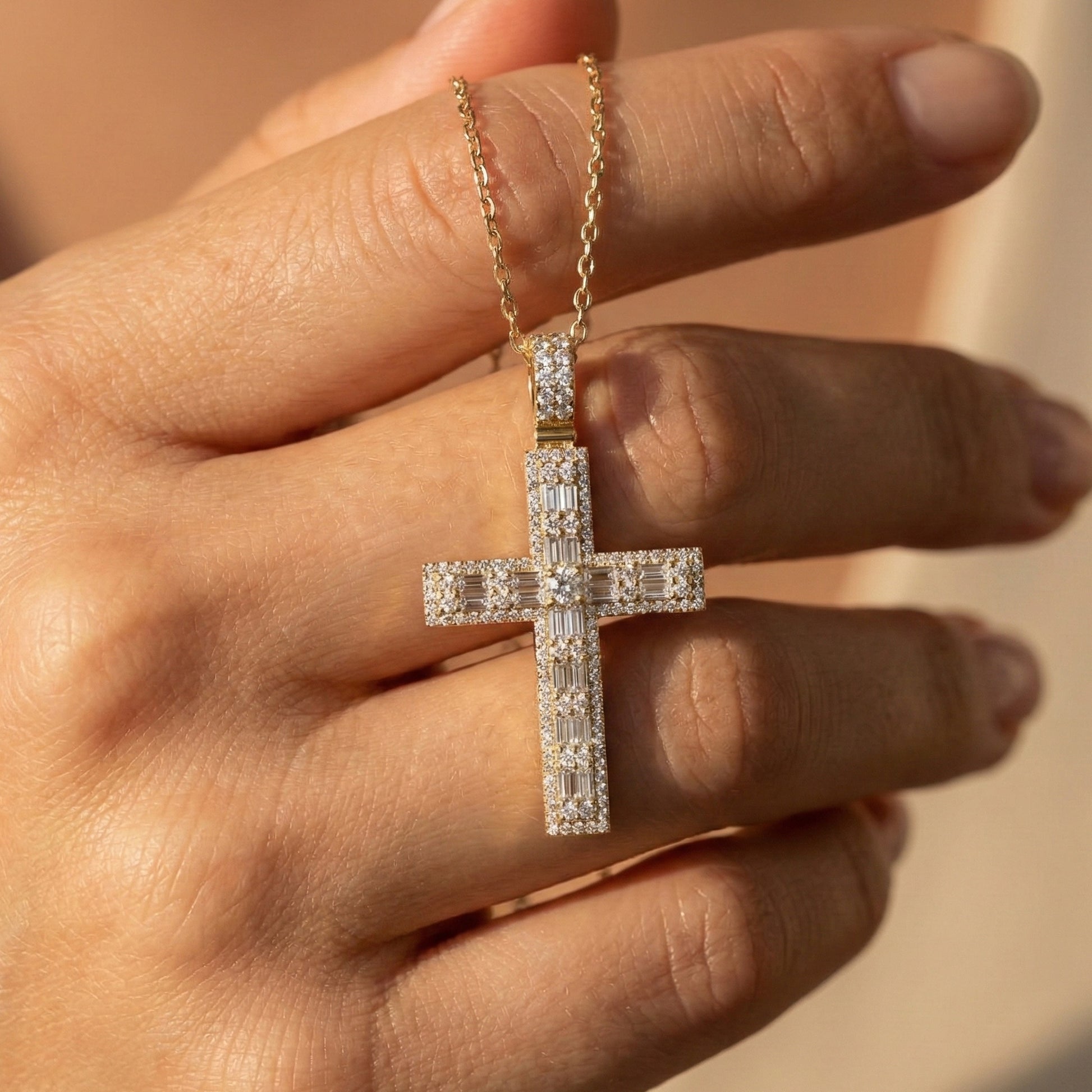 Sculpted Baguette Halo Cross Pendant in 14K Solid Gold, 2.17 TCW Baguette/Round Cut Lab Diamond, Faith Jewelry, Religious Gift For Her, Jesus Cross Pendant