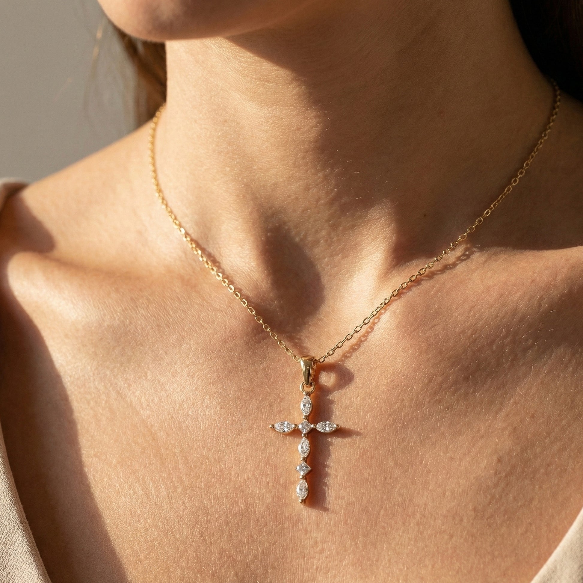 Layered Marquise Cross Pendant in 14k Solid Gold, 0.30 TCW Marquise/Princess Cut Lab Created Diamonds, Baptism Gift