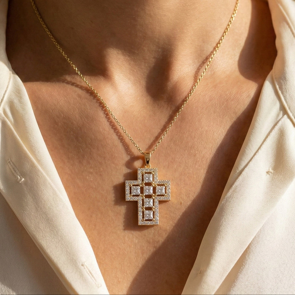 Elegant Halo Open Cross Pendant in 14k Solid Gold 2.14 TCW Round/Princess Cut Lab Diamonds, Unique Gift for Her, Religious Jewelry