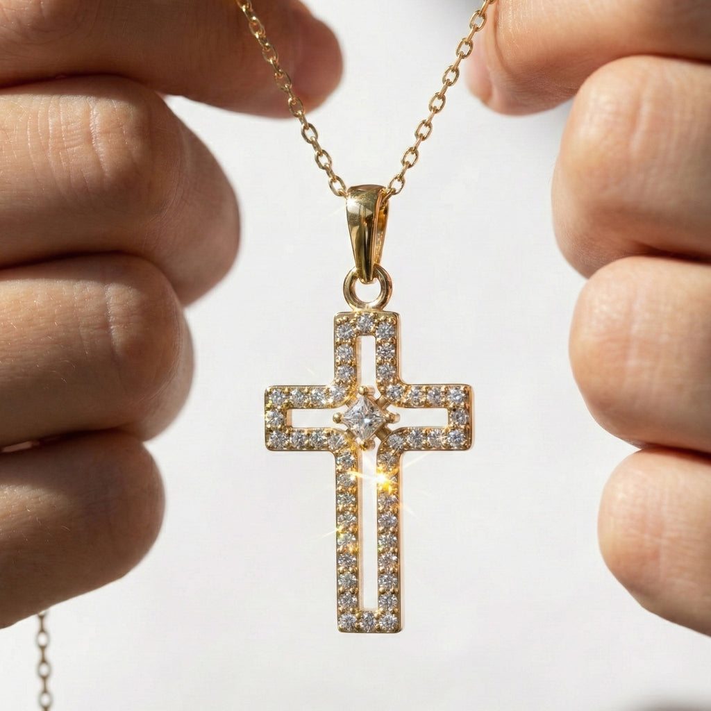 Minimalist Pavé Princess Cross Pendant in 14K Solid Gold, 0.52 TCW Princess/Round Cut Lab Created Diamonds, Bridal Jewelry, Gift for Mom