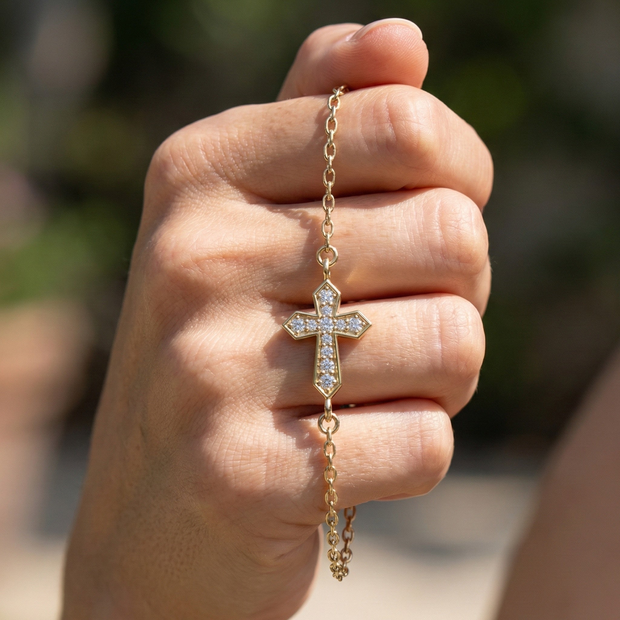 Tiny Angular Cross Center Chain Bracelet in 14K Solid Gold, 0.15 TCW Round Cut Lab Created diamonds, Everyday Jewelry, Anniversary Gift for Her