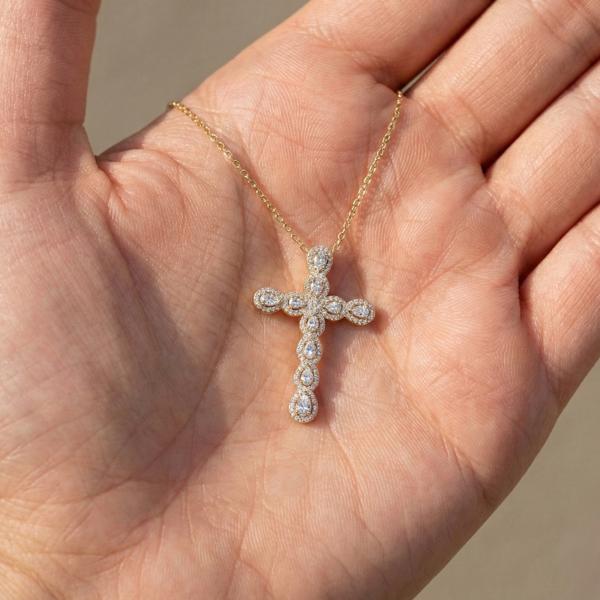 Pear & Round Halo Cluster Cross Charm Pendant Necklace in Lab Diamond – 14k Solid Gold, Everyday Jewelry For Women, Handmade Jewelry, Gift for Her