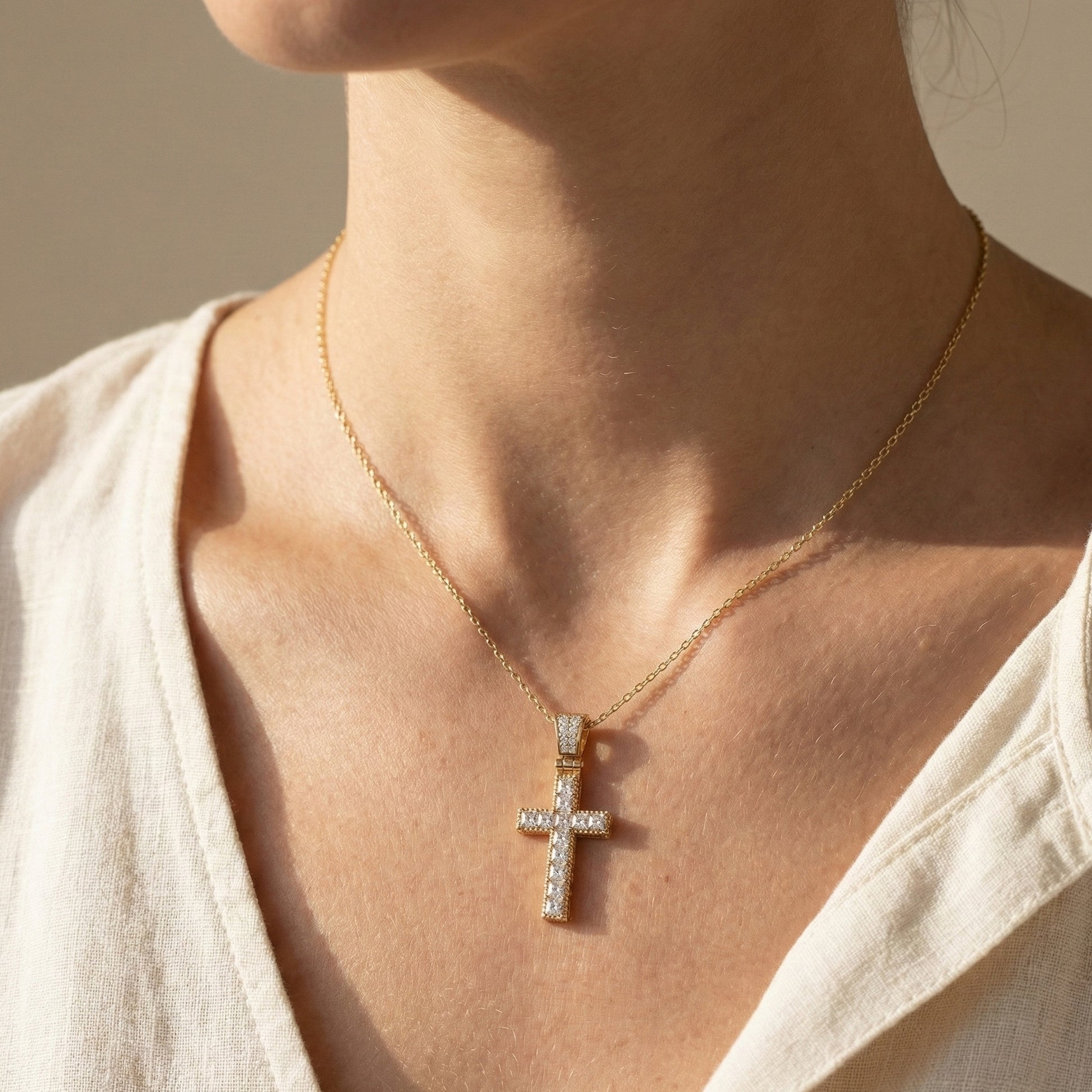 Milgrain Princess Cut Cross Pavé Bail Diamond Charm Pendant in Lab Grown Diamond – 14k Solid Gold, Wedding Gift for Her/Him