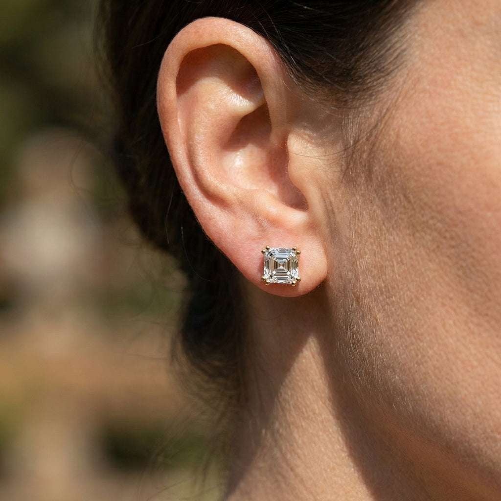 Double Prong Solitaire Minimalist Stud Earrings in 14k Solid Gold, 2.50 TCW Asscher Cut Lab Grown Diamonds, Gift for Wife, Handmade Bridal Jewelry