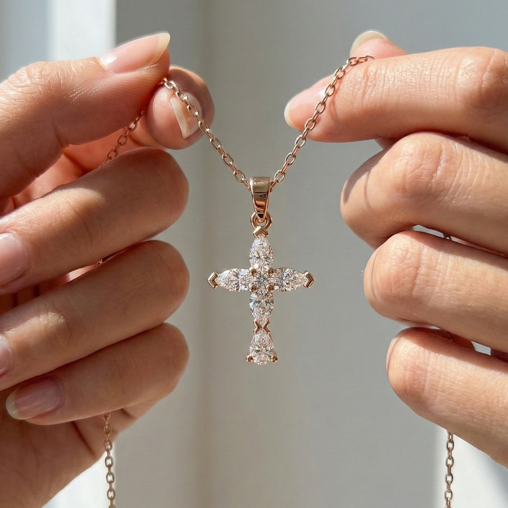 Stylish Pear Cluster Cross Religious Pendant in 14k Solid Gold, 0.93 TCW Pear/Round Cut Lab Grown Diamonds, Bridal Jewelry, Jesus christ Gift For Her