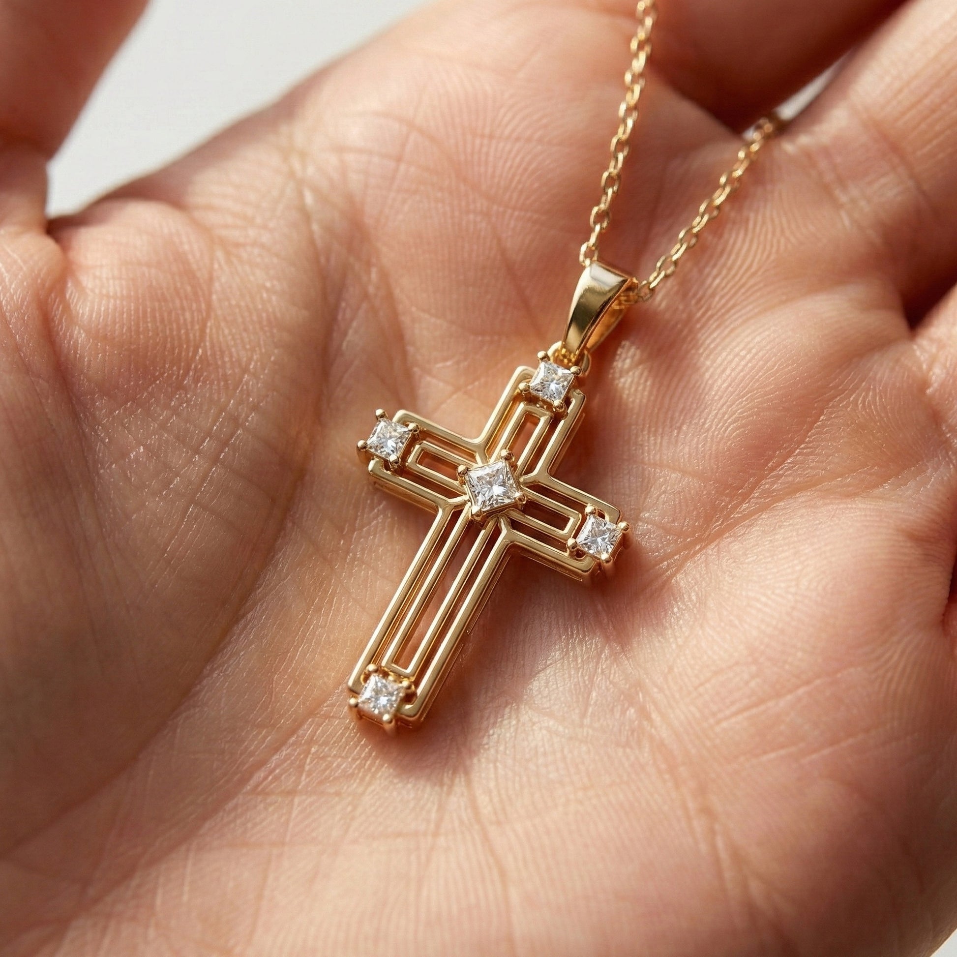 Elegant Layered Cross Pendant in 14K Solid Gold, 0.32 TCW Princess Cut Lab Grown Diamonds, Gift for Mom, Baptism, Bridal Jewelry