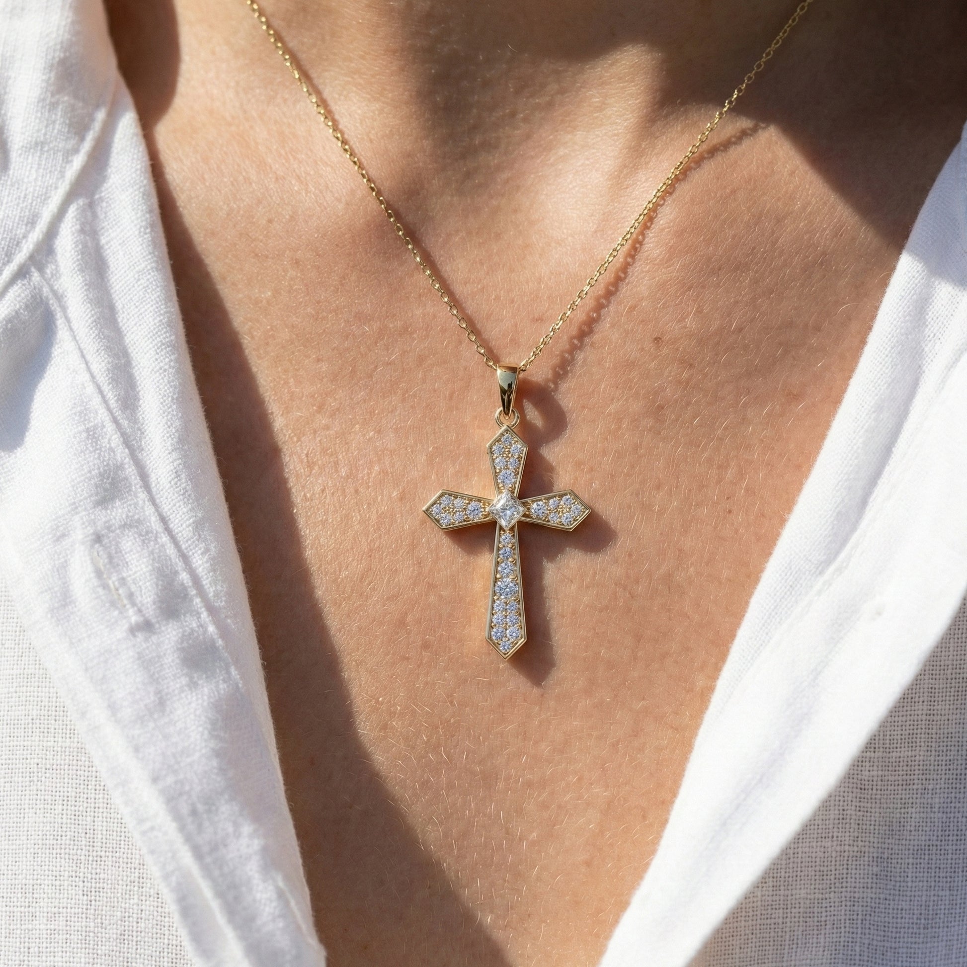 Modern Geometric Cross Pendant in 14k Solid Gold, 0.74 TCW Princess/Round Cut Lab Grown Diamonds, Gift for Her, Religious Jewelry