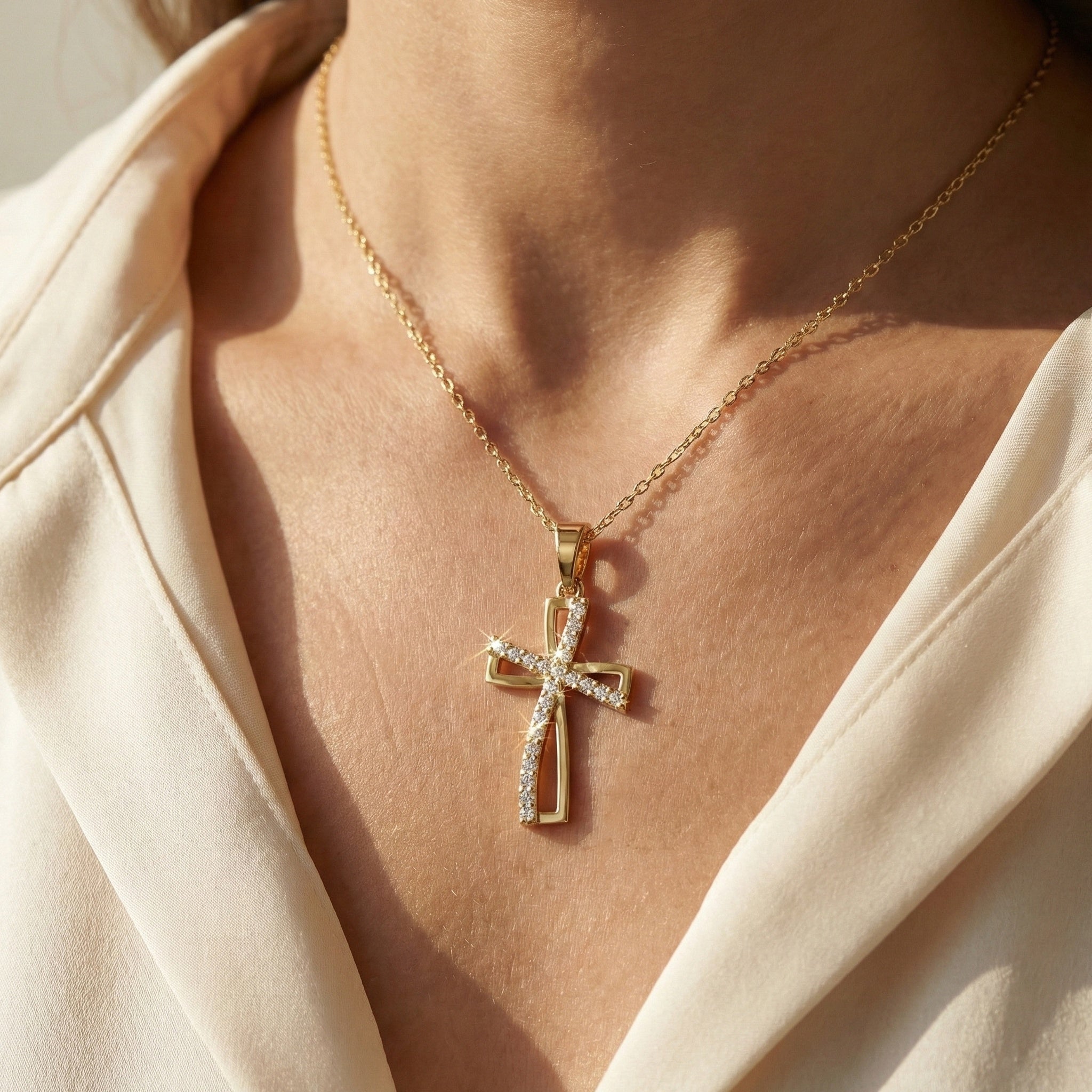 Contemporary Open Cross Pendant in 14k Solid Gold, 0.22 TCW Round Cut Lab Grown Diamonds, Bridal Jewelry, Wedding Gift For Wife