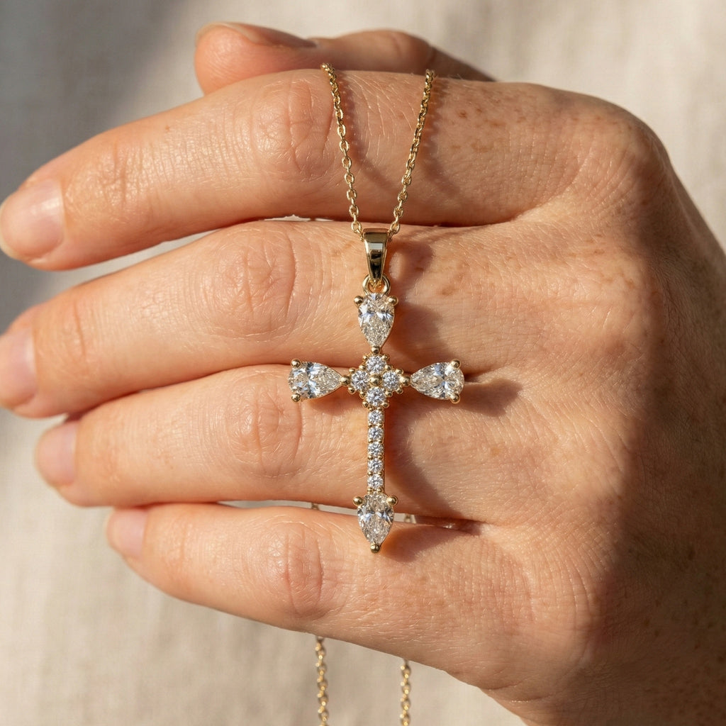 Classic Pear Cluster Cross Pendant in 14k Solid Gold, 0.75 TCW Pear/Round Cut Lab Grown Diamonds, Faith, Bridal Gift