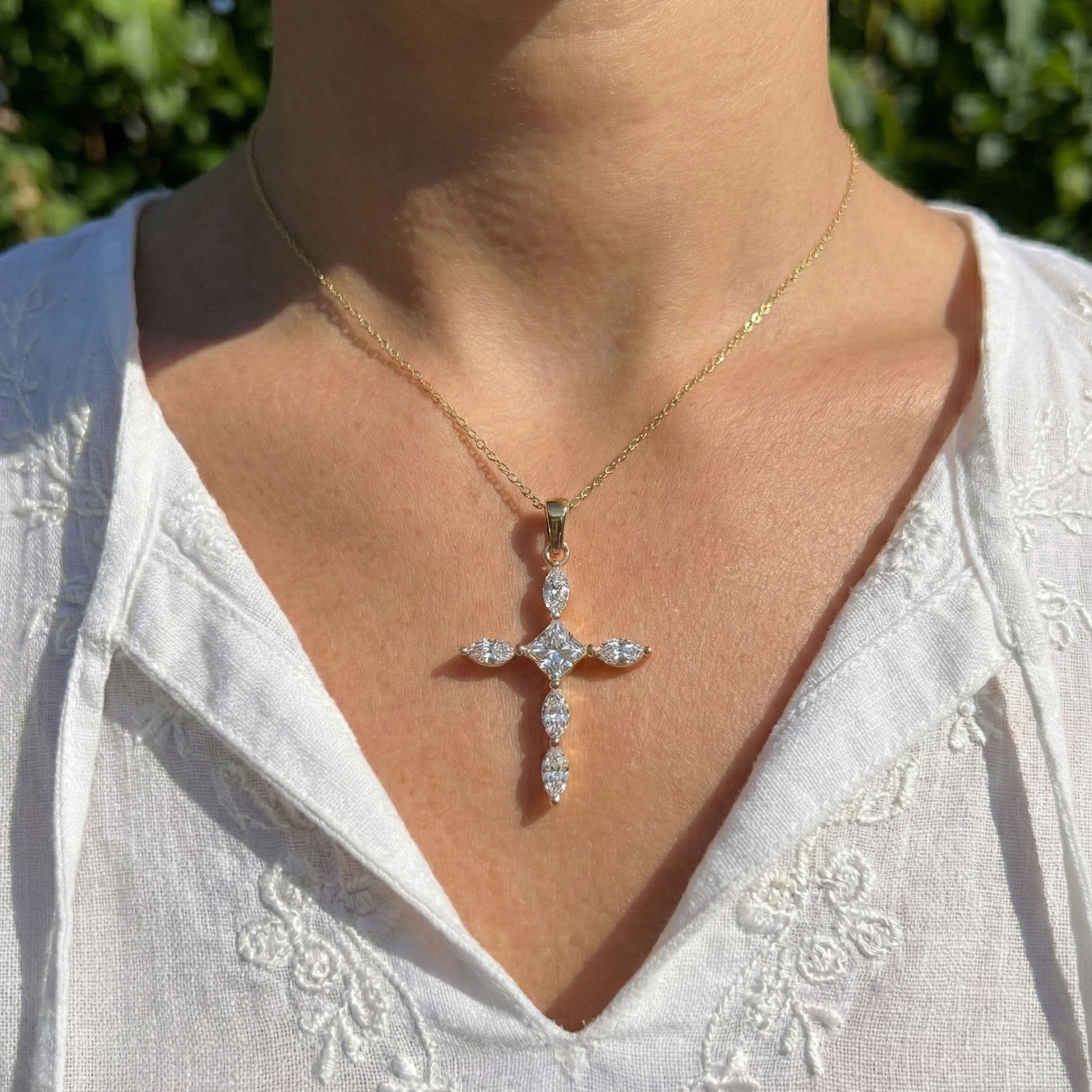 Ornate Cross Pendant in 14k Solid Gold, 1.00 TCW Princess/Marquise Cut Lab Diamonds, Gift for Mom, Confirmation Jewelry