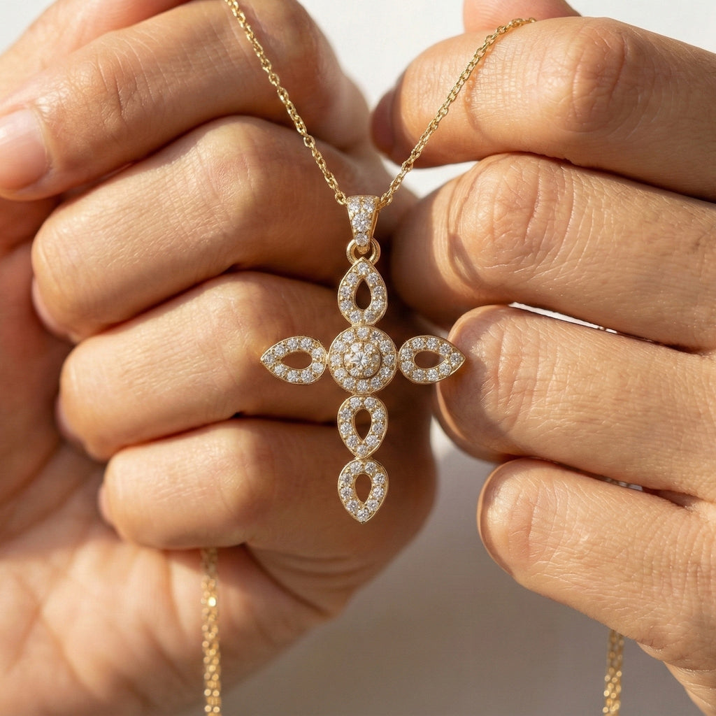 Art Deco Vintage Cross Pendant in 14k Solid Gold, 0.32 TCW Round Cut Lab Grown Diamonds, Religious Gift for Women, Everyday Pendant