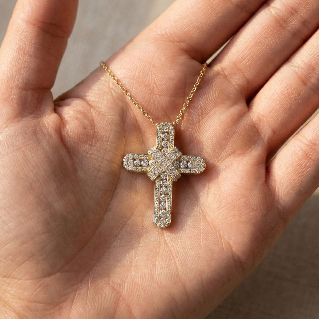 Bold Clustered Pave Cross Religious Pendant with Wrapped Design in Lab Grown Diamond-14k Solid Gold, Unique Charm Pendant, Wedding Gift for Her/Him