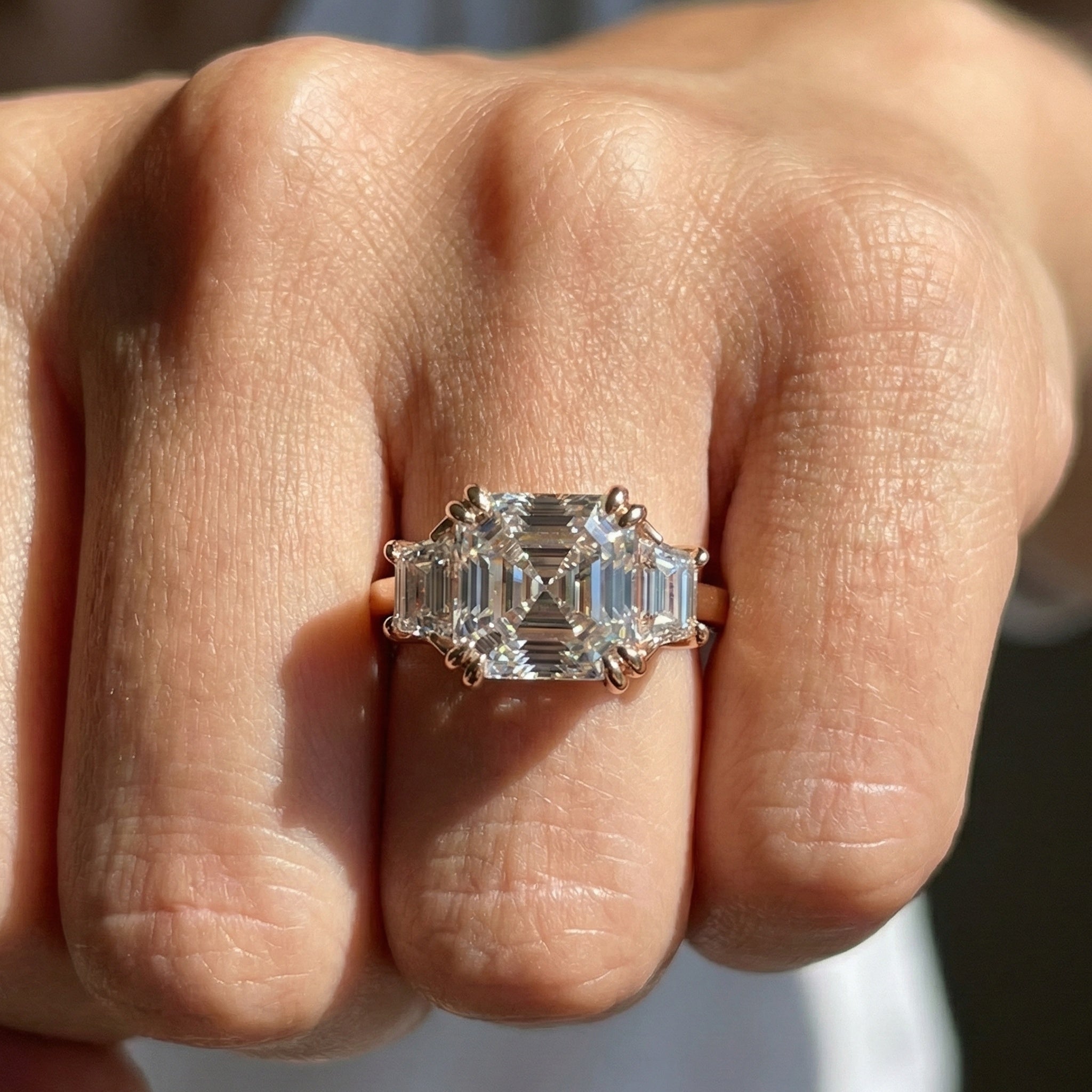 Asscher Cut Three Stone Engagement Ring with Tapered Side Stones in Moissanite or Lab Grown Diamond – Solid 14k/18k Gold or Silver Engagement Gift, Handmade Jewelry