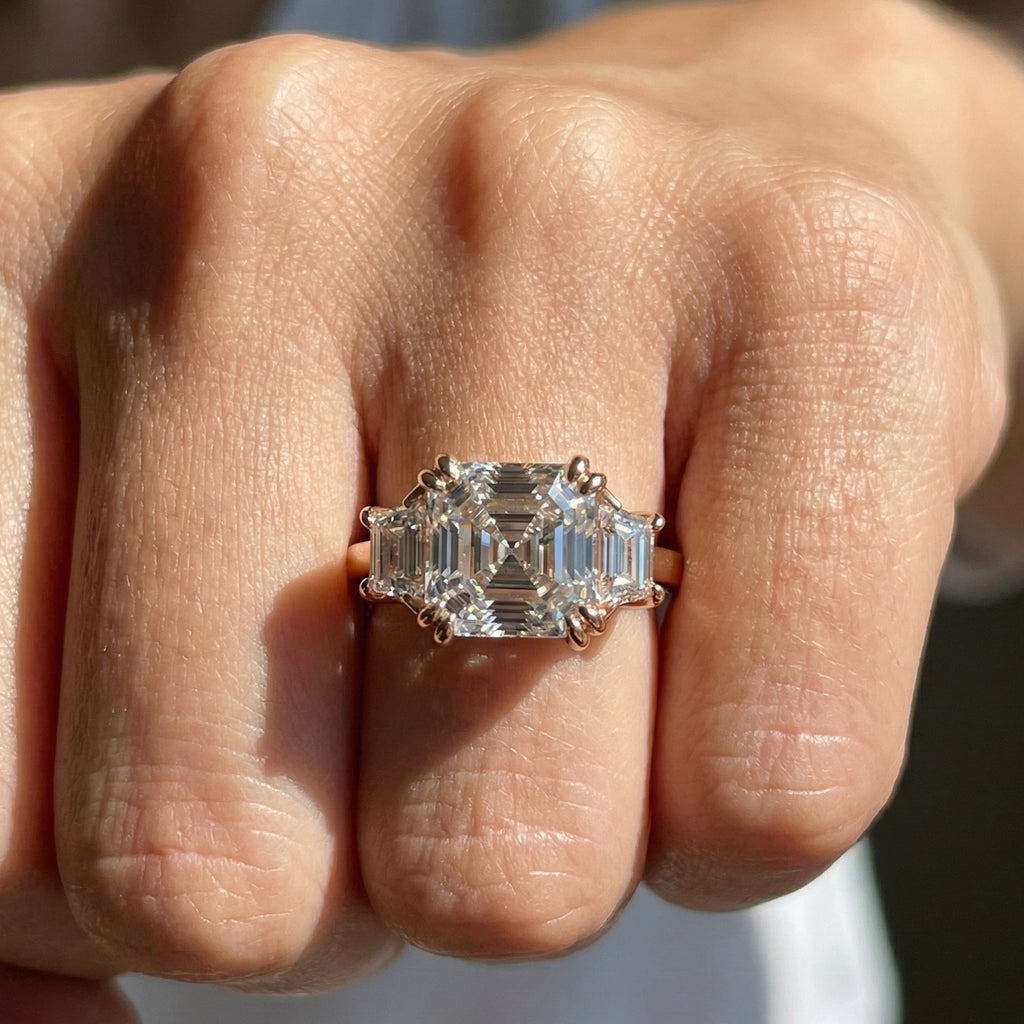 Asscher Cut Three Stone Engagement Ring with Tapered Side Stones in Moissanite or Lab Grown Diamond – Solid 14k/18k Gold or Silver Engagement Gift, Handmade Jewelry
