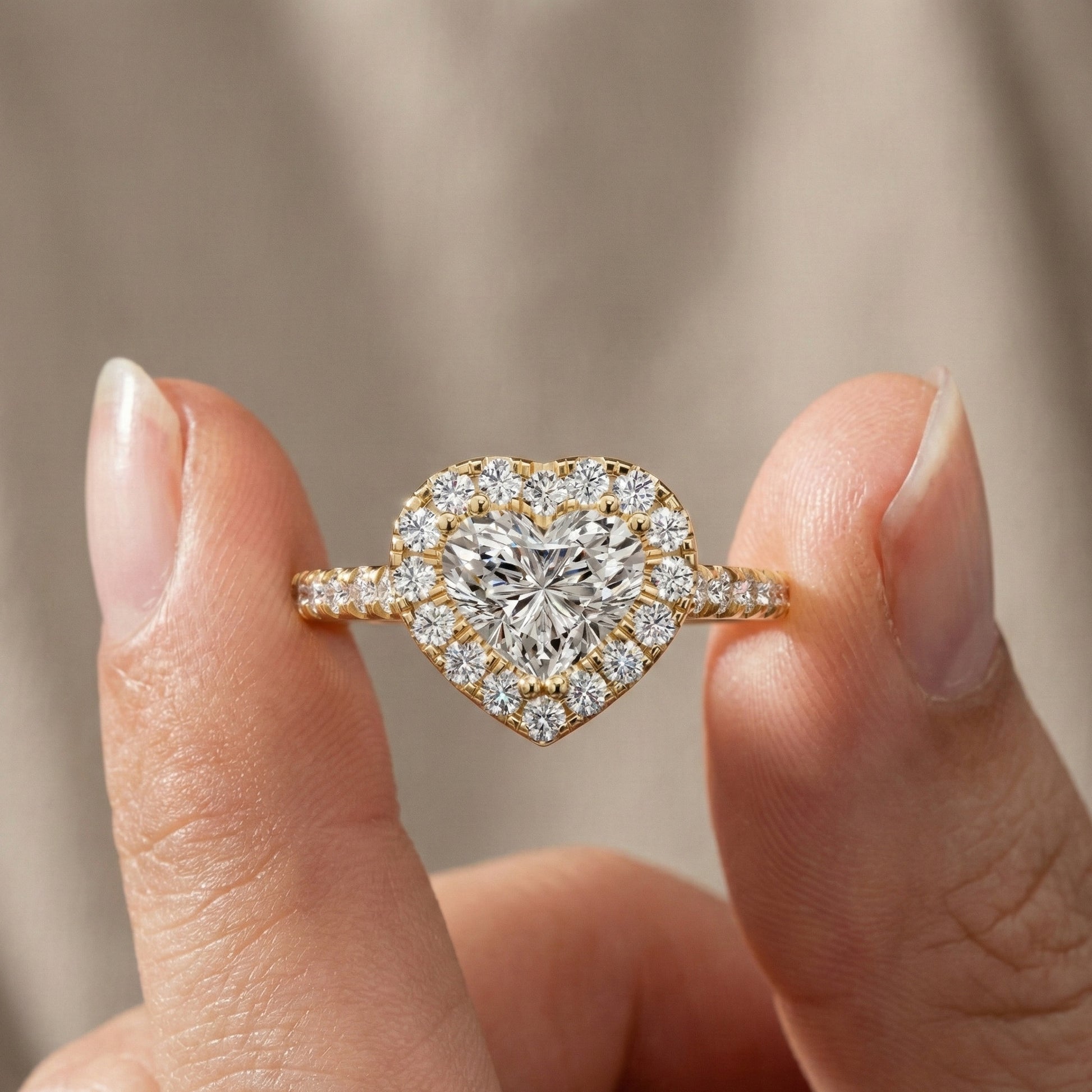 Classic Heart Halo Cathedral Pavé Band Engagement Ring in Lab Grown Diamond – 14k Solid Gold, Everyday Ring For Bridal