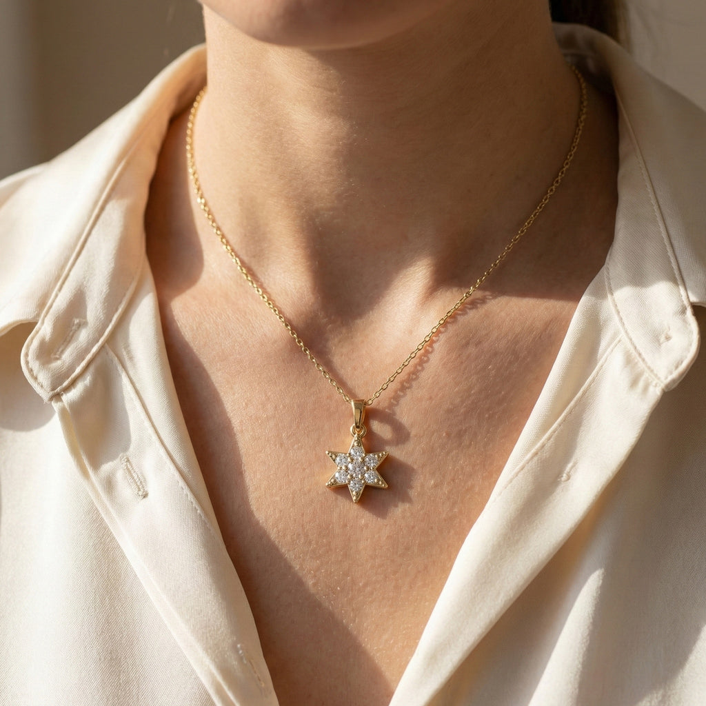 Starburst Six-Point Star Cluster Wedding Pendant Lab Diamond in 14k Solid Gold, Birthday Gift for Women, Handmade Jewelry