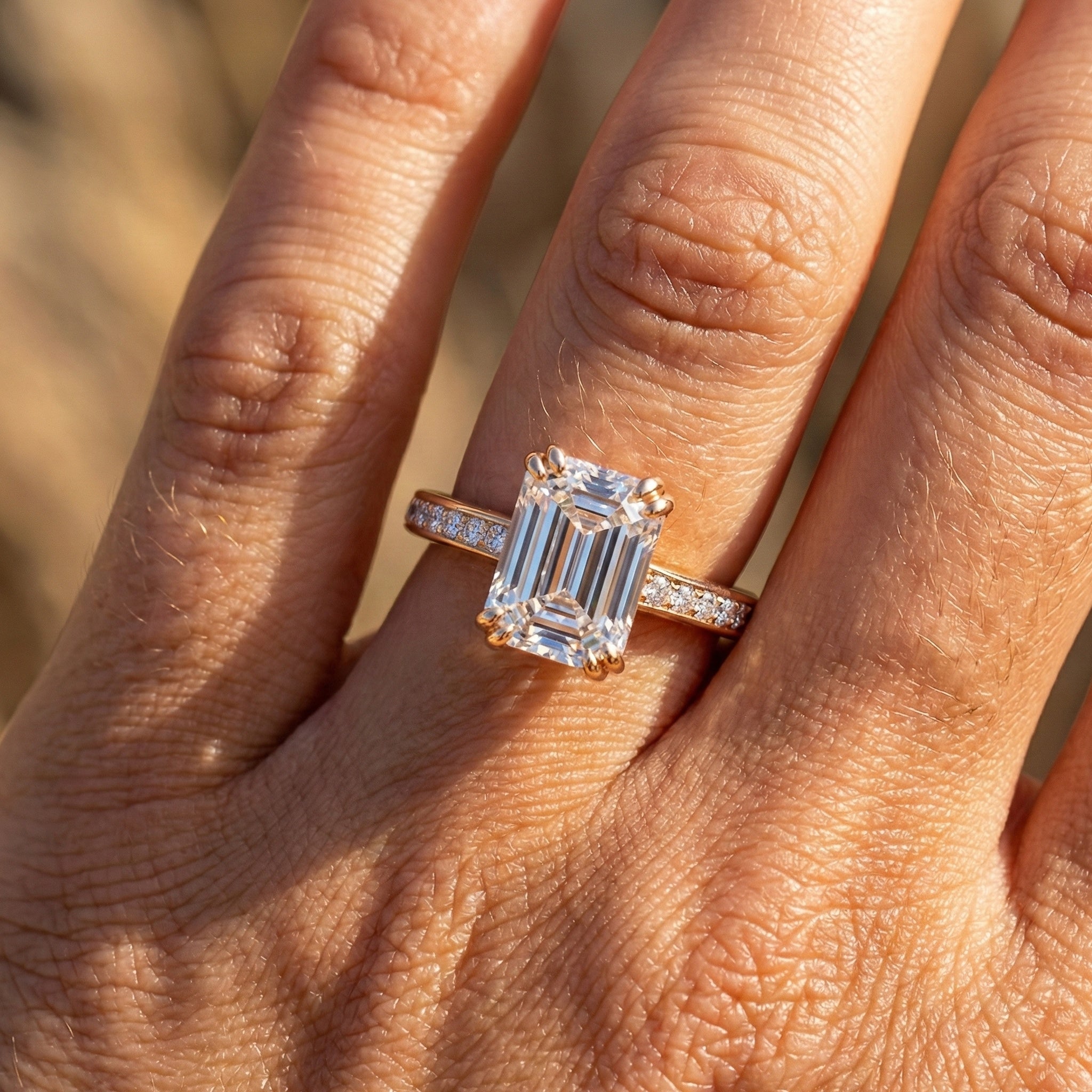 14K Yellow Gold Emerald Cut Lab Diamond Pave Engagement Ring, Handmade Wedding Ring, Trending Bridal Jewelry for Wife