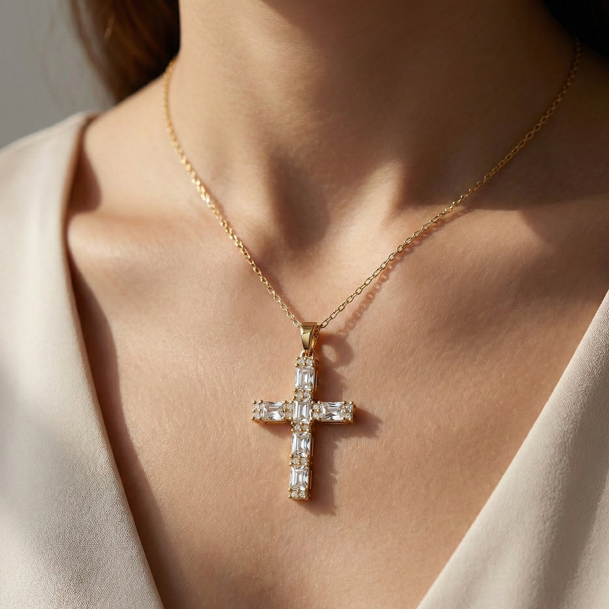 Faith Symbol Radiant Halo Cross Pendant in 14k Solid Gold, 2.18 TCW Radiant/Round Cut Lab Diamonds, Jesus Cross Gift for Women
