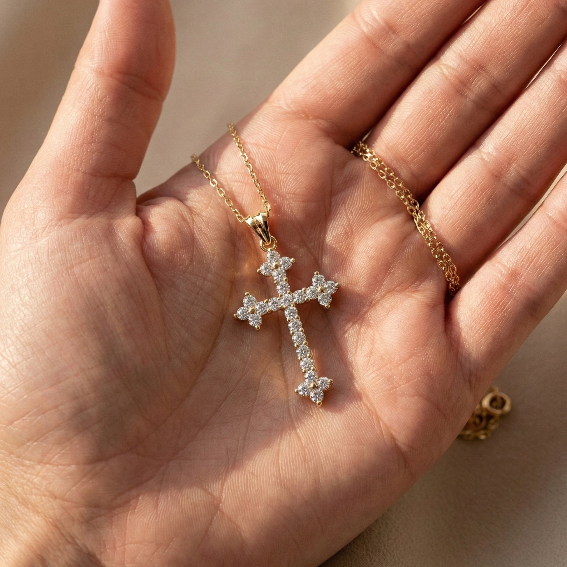 Fleur-de-Lis Tip Pavé Cross Religious Pendant in Lab Diamond 14k Solid Gold, Religious Jewelry, Wedding Gift for Her/Him