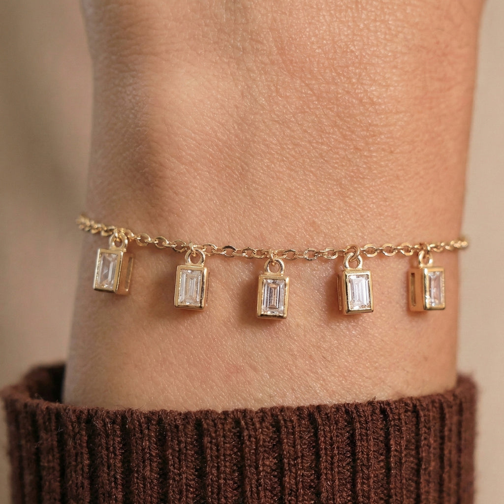 Modern Baguette Drop Charm Bracelet in 14k Solid Gold, 0.7 TCW Baguette Cut Lab Created Diamonds, Gift for Her, Bridal Jewelry