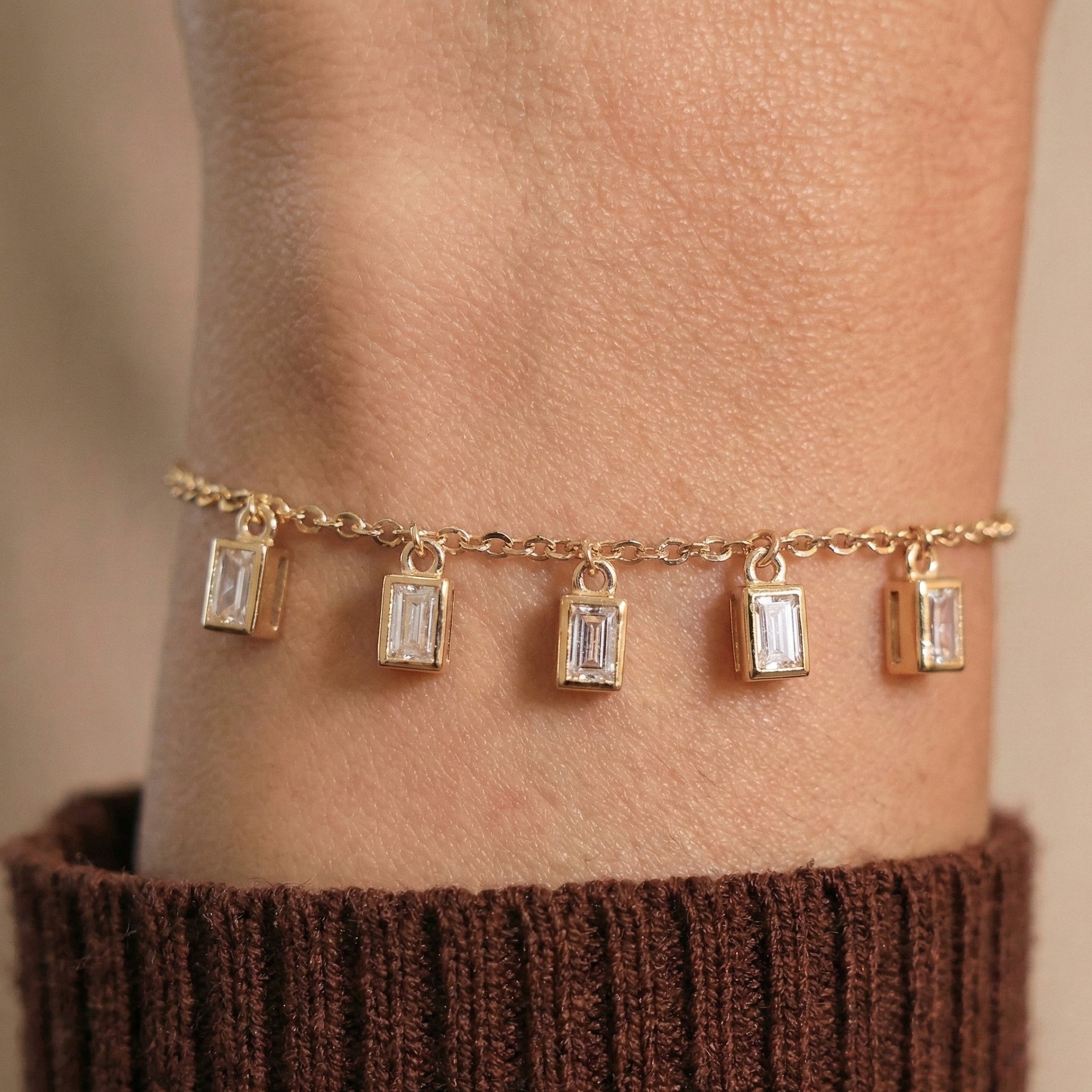 Modern Baguette Drop Charm Bracelet in 14k Solid Gold, 0.7 TCW Baguette Cut Lab Created Diamonds, Gift for Her, Bridal Jewelry