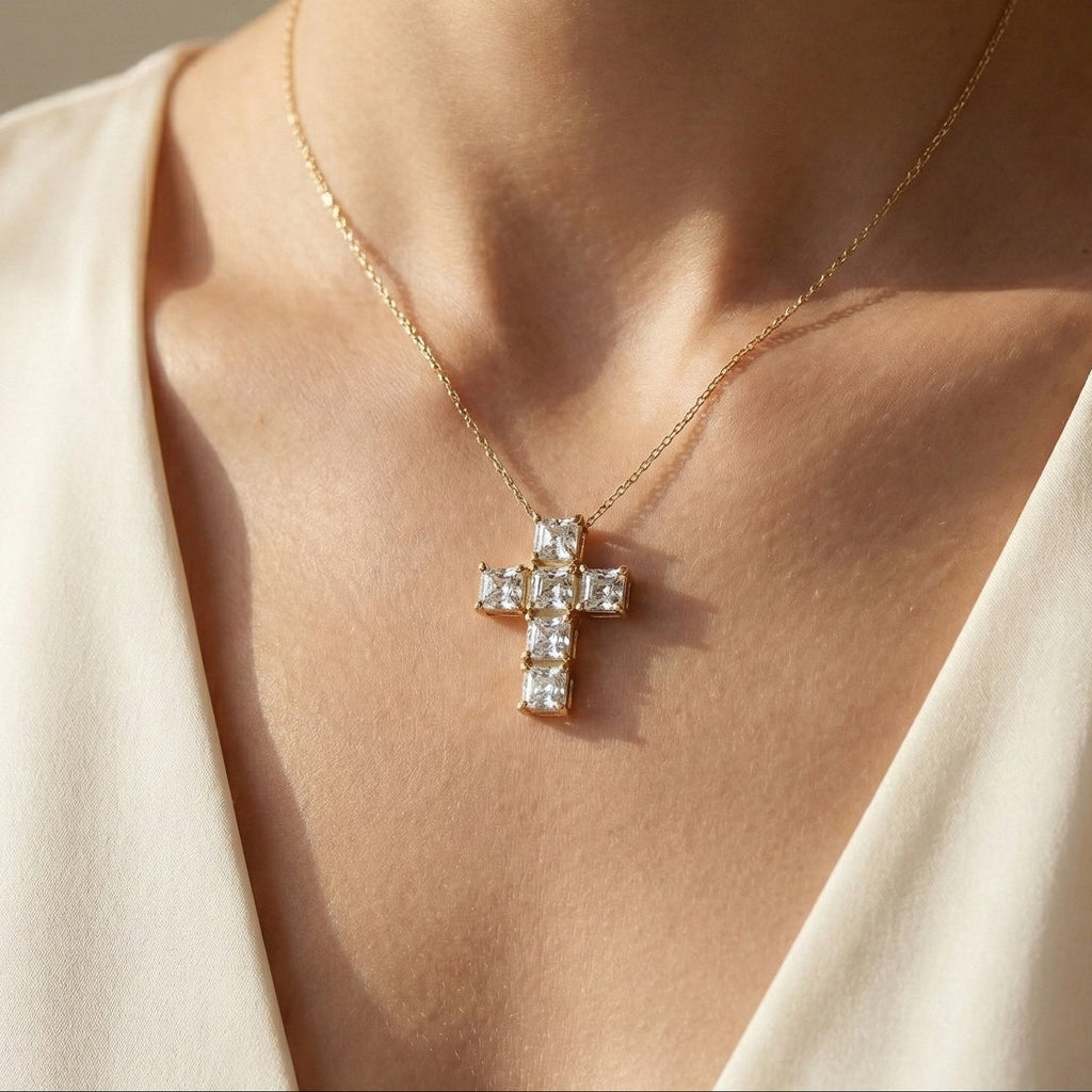 Elegant Square Style Cross Pendant in 14k Solid Gold, 4.50 TCW Asscher Cut Lab Grown Diamonds, Wedding Gift for Her, Religious Jewelry