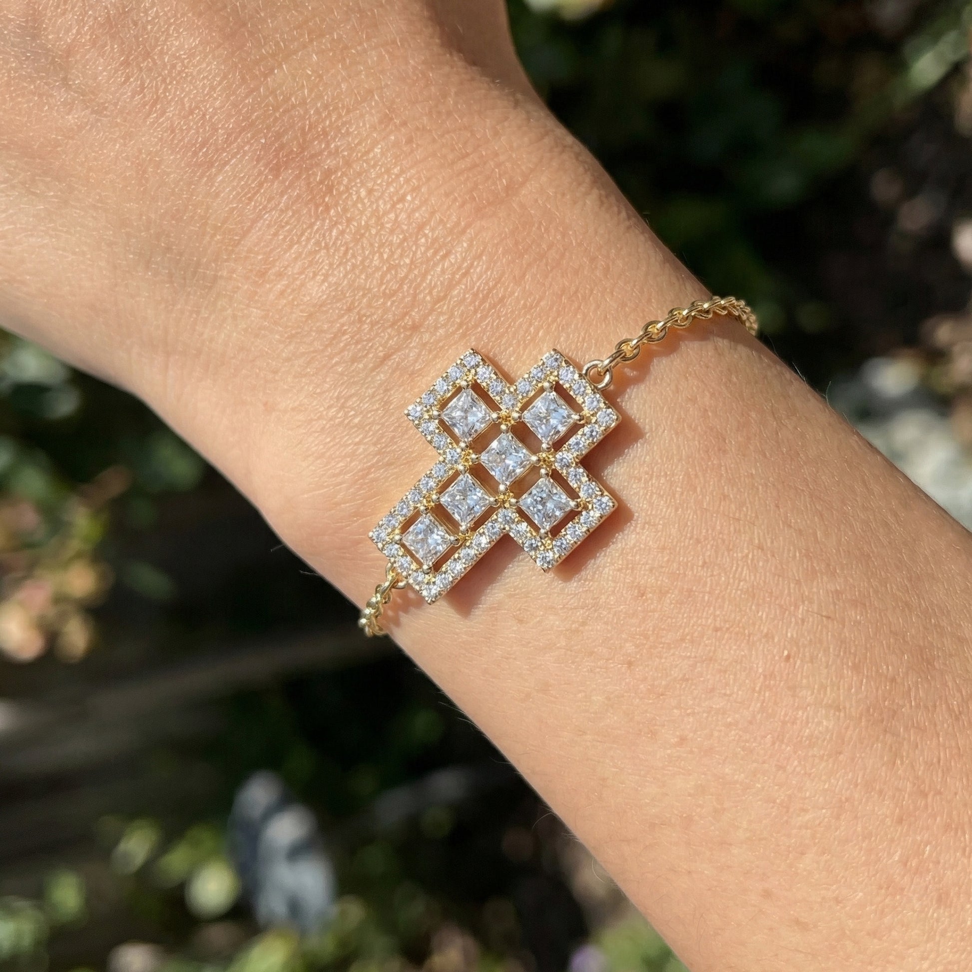 Jesus Cross Pavé Cluster Cross Chain Bracelet in 14k Solid Gold, 2.14 TCW Princess/Round Cut Lab Diamonds, Faith Gift for Her, Handmade Jewelry