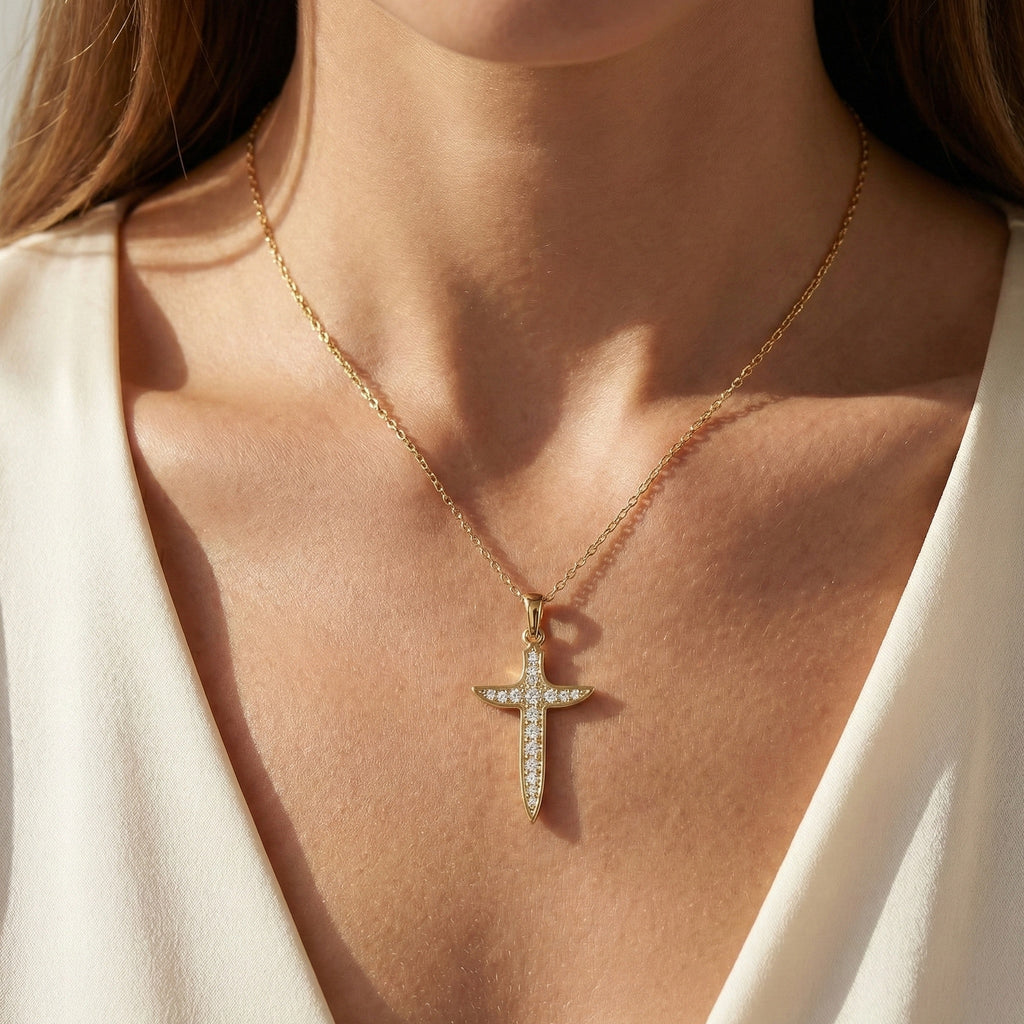 Artistic Arrow Cross Pendant in 14k Solid Gold, 0.47 TCW Round Cut Lab Diamonds, Holiday Gift Jewelry, Gift For Her