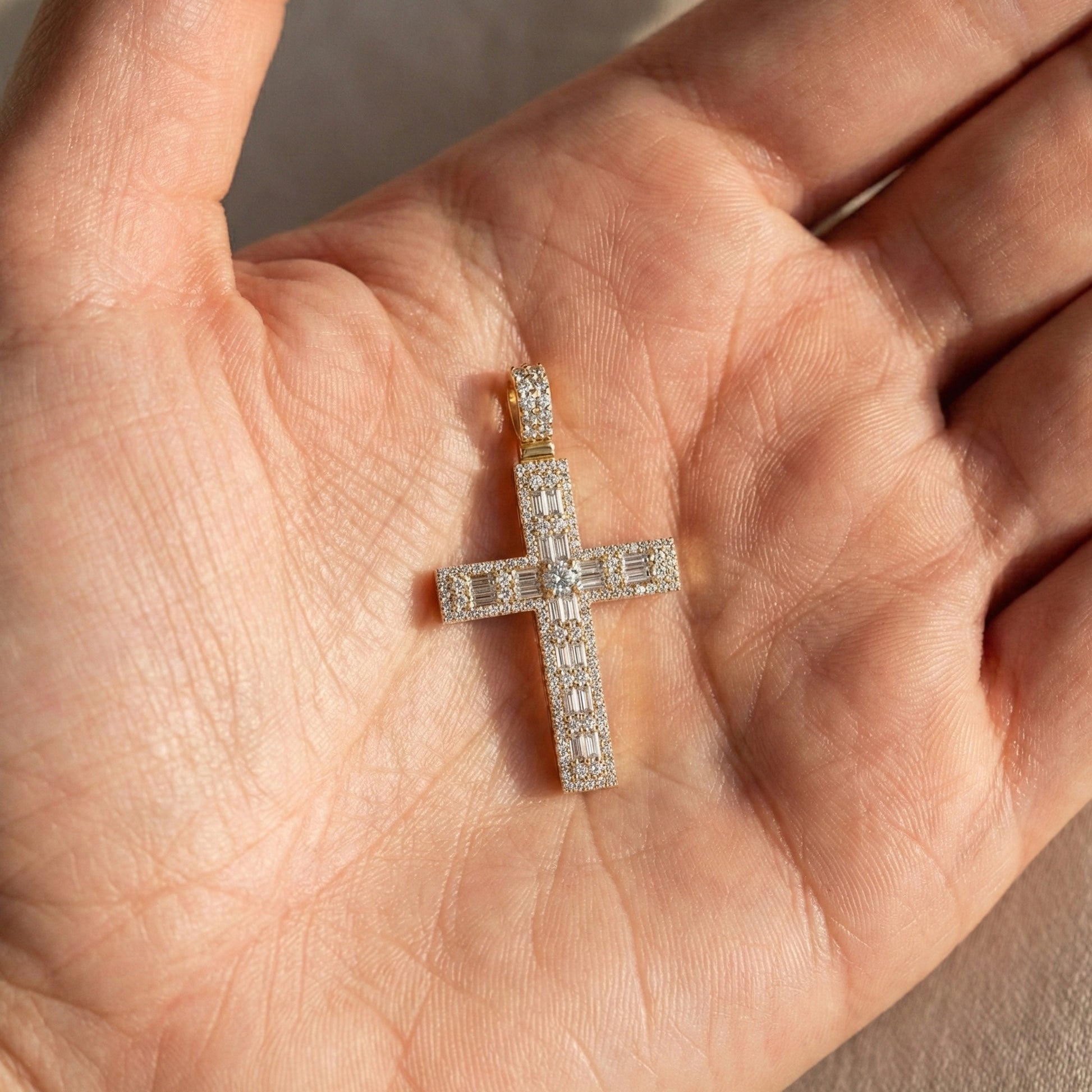 Sculpted Baguette Halo Cross Pendant in 14K Solid Gold, 2.17 TCW Baguette/Round Cut Lab Diamond, Faith Jewelry, Religious Gift For Her, Jesus Cross Pendant