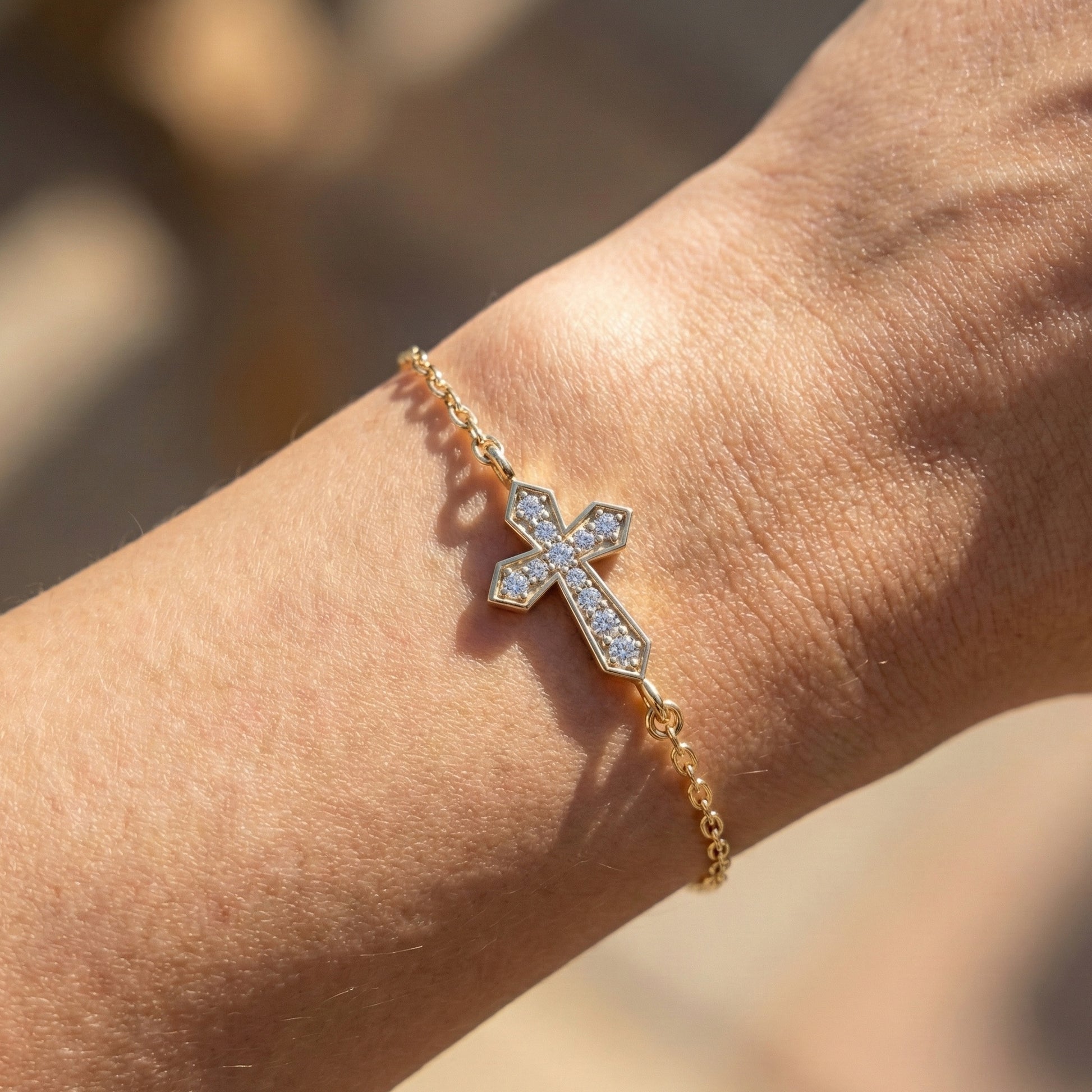 Tiny Angular Cross Center Chain Bracelet in 14K Solid Gold, 0.15 TCW Round Cut Lab Created diamonds, Everyday Jewelry, Anniversary Gift for Her