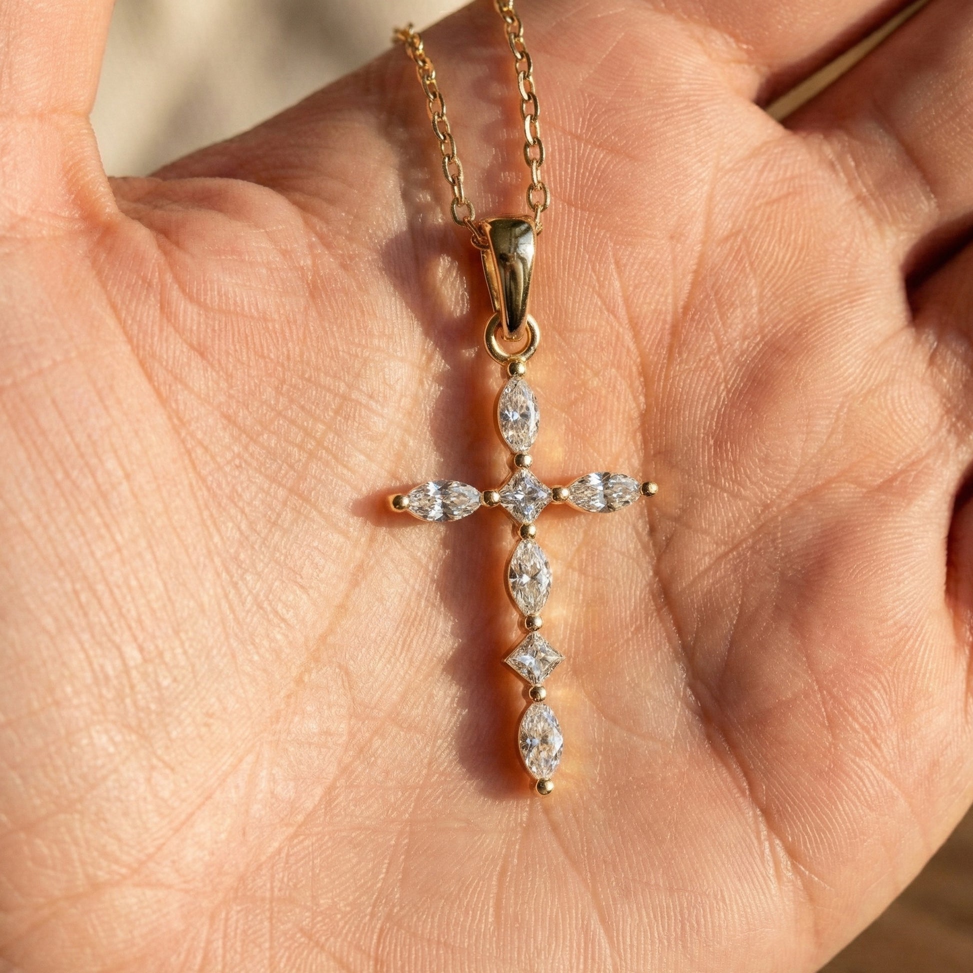 Layered Marquise Cross Pendant in 14k Solid Gold, 0.30 TCW Marquise/Princess Cut Lab Created Diamonds, Baptism Gift