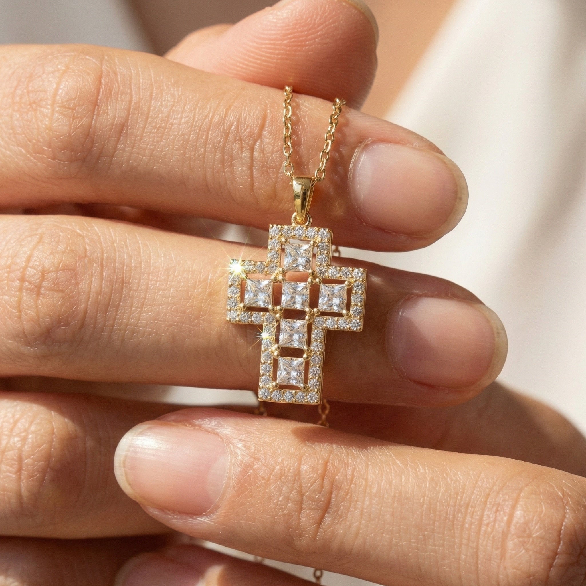 Elegant Halo Open Cross Pendant in 14k Solid Gold 2.14 TCW Round/Princess Cut Lab Diamonds, Unique Gift for Her, Religious Jewelry