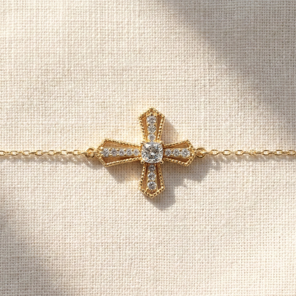 Deco Inspired Cross Bar Chain Bracelet in 14K Solid Gold, 0.40 CT Cushion Cut Lab Created Diamond, Everyday Bracelet, Religious Gift For Wife