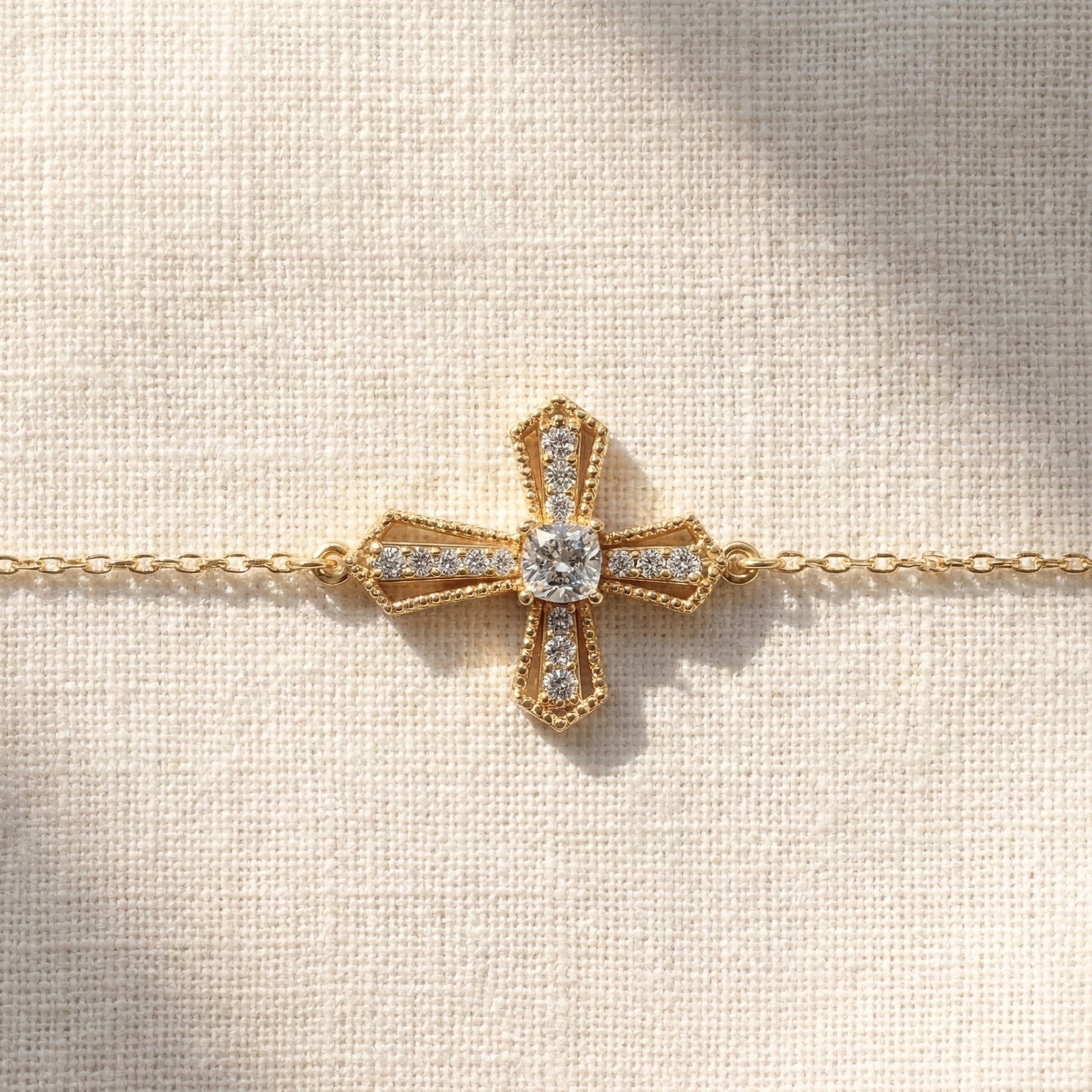 Deco Inspired Cross Bar Chain Bracelet in 14K Solid Gold, 0.40 CT Cushion Cut Lab Created Diamond, Everyday Bracelet, Religious Gift For Wife