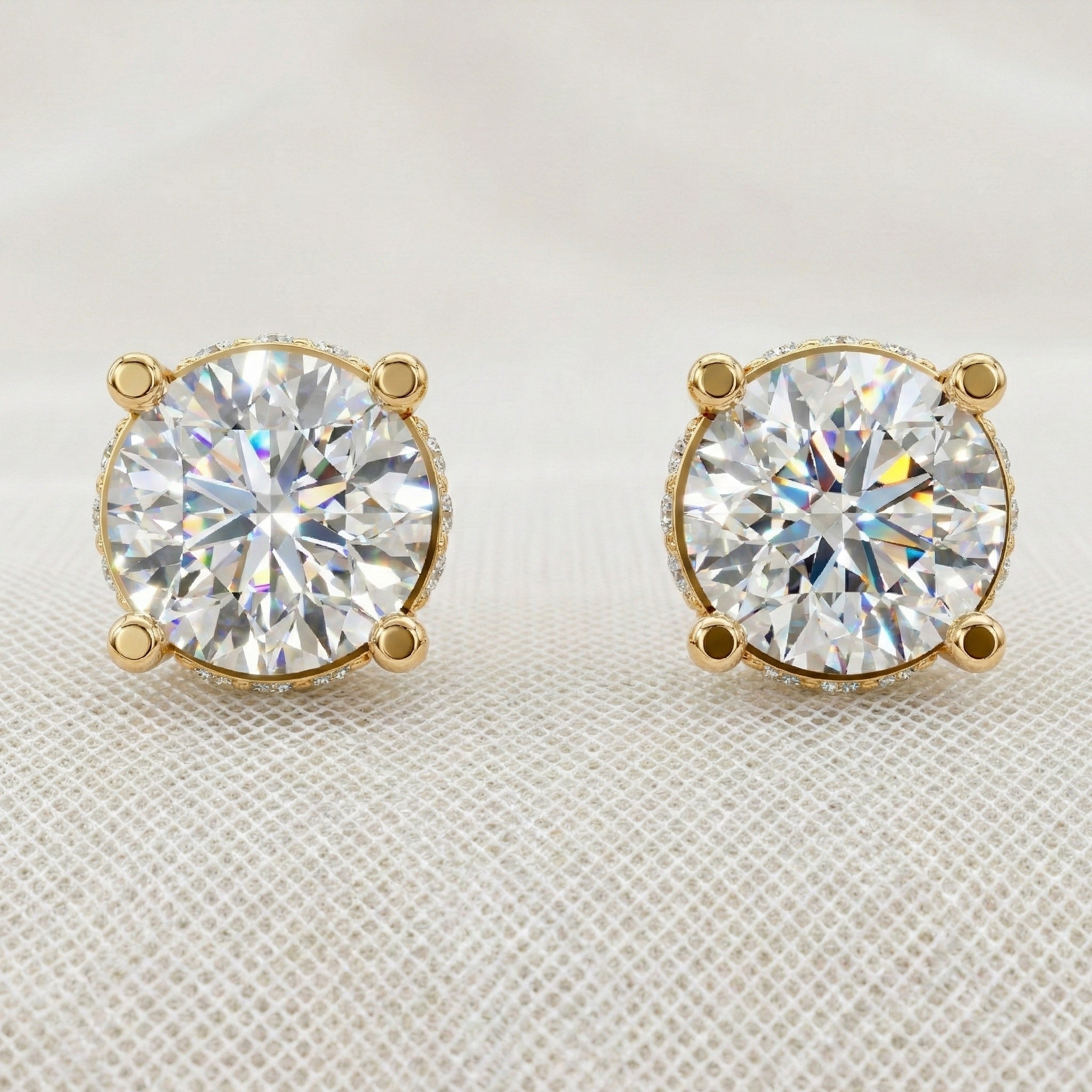 Morden Hidden Halo Wedding Stud Earrings in 14K Yellow Gold, 1.07 TCW Round Cut Lab Created Diamonds, Birthday Gift For Women, Handmade Jewelry