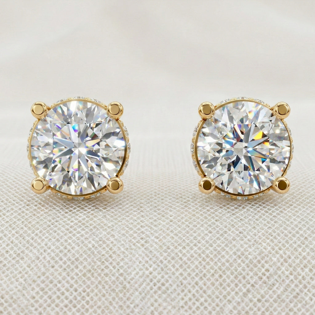 Morden Hidden Halo Wedding Stud Earrings in 14K Yellow Gold, 1.07 TCW Round Cut Lab Created Diamonds, Birthday Gift For Women, Handmade Jewelry