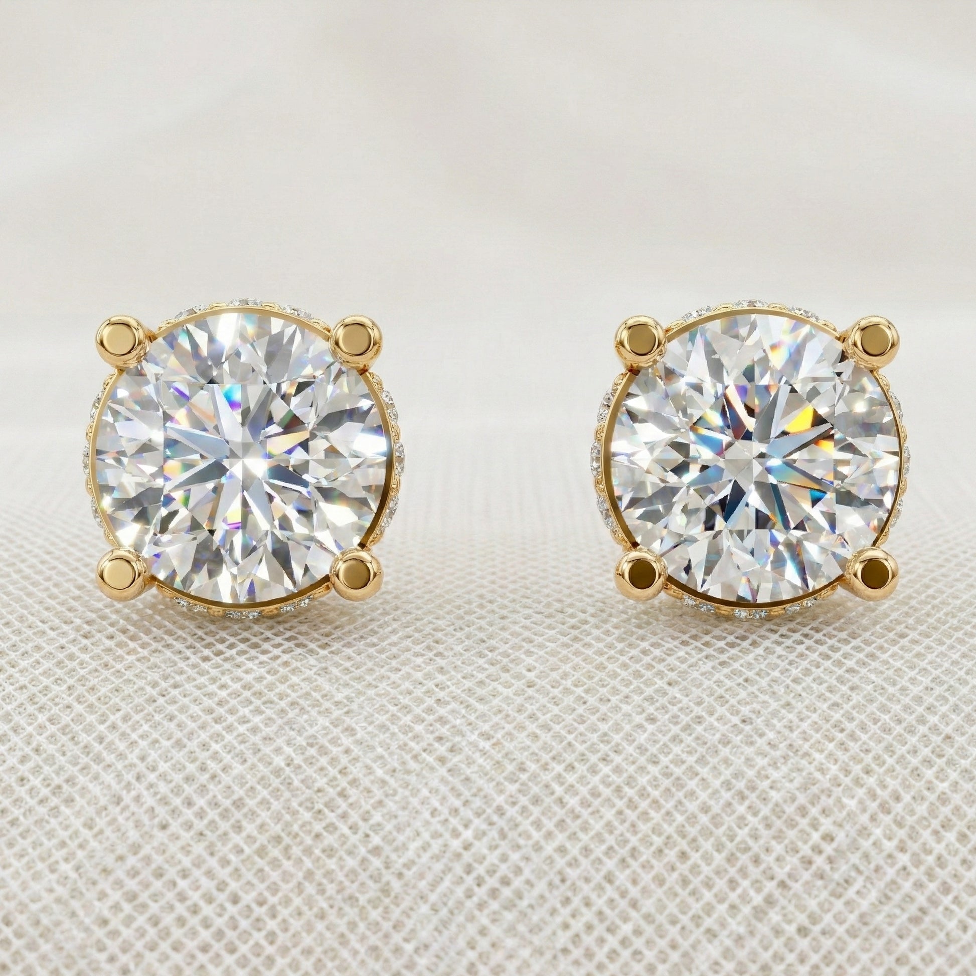 Morden Hidden Halo Wedding Stud Earrings in 14K Yellow Gold, 1.07 TCW Round Cut Lab Created Diamonds, Birthday Gift For Women, Handmade Jewelry